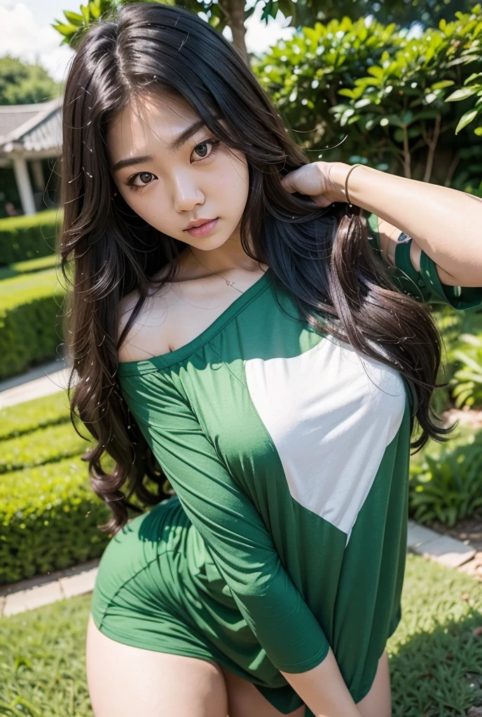 Curly Hair, Very Long Hair, Green Shirt, Bare Shoulders, Big Shirt,1girl, High Resolution, (Showing Stomch), Korean Girl, petite, Detailed, Green Eyes,