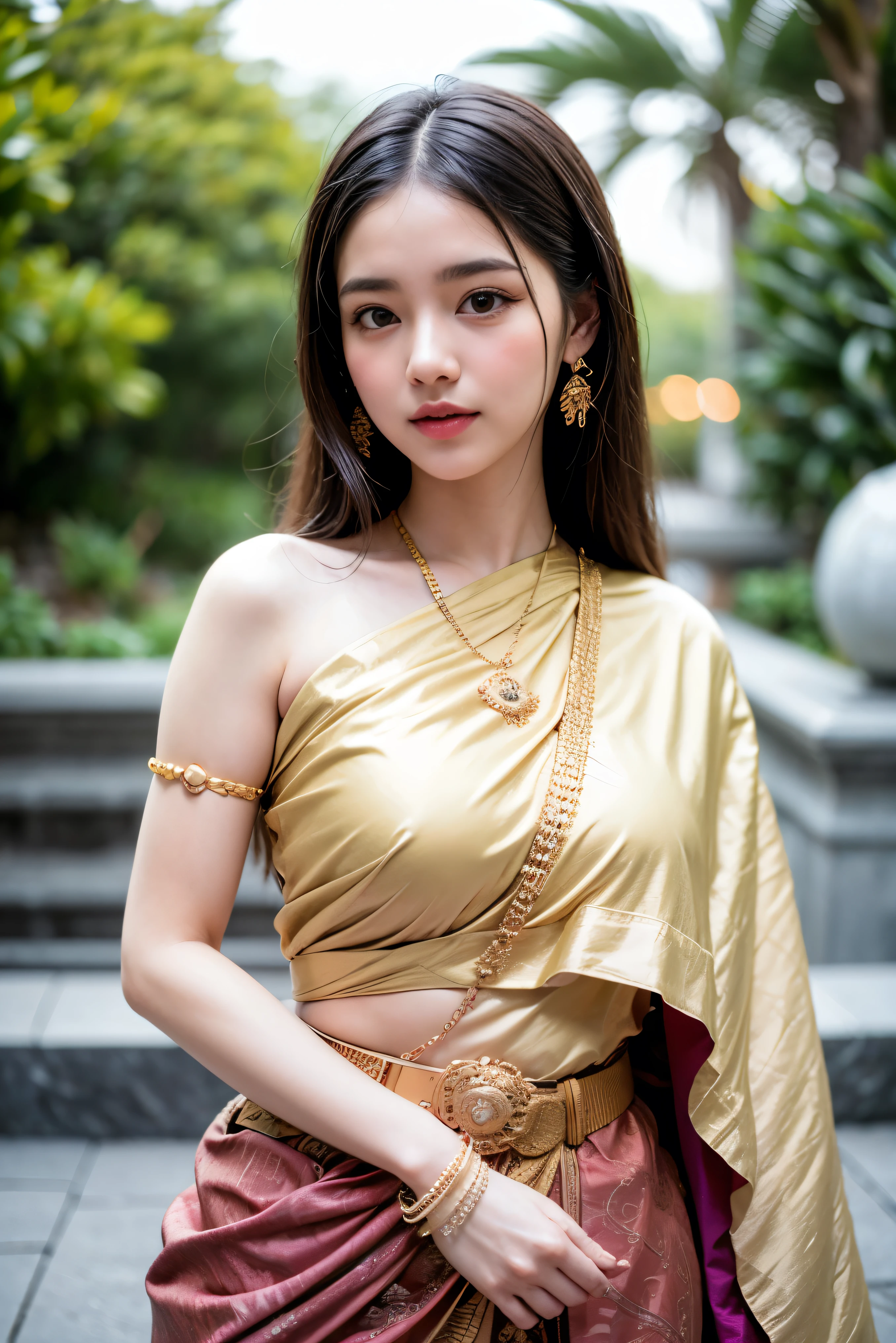 8K, ultra high detailed, an thai girl, cute face, happy, long hair, impressive hairstyle, detailed eyes, detailed lips, indian clothes, saree, golden saree, lace, wearing jewellery, nature background, flowers, afternoon, shadow, clear weather, whole body capture,nsfw