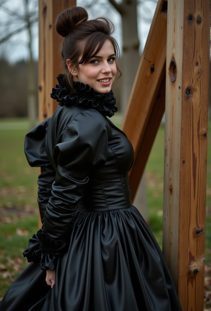 (realistic photograph close up sideways cheerful), (a pleased beautiful European orgasm looking lady with (messy hair bun), she is wearing (an elaborate extensive shiny black silk dress with (long gigantic puff sleeves), (and an ultra high narrow stand-up collar reaching to her cheeks) (with a gigantic ruffle on top of the collar reaching to the top of her head), (she has her hands behind her back)++++, (two happy females are pushing her forward on a wooden beam gallows)