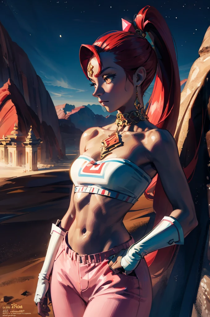 thick outlines, comics, photorealistic, masterpiece:1.2, 1girl, solo, small breasts, Nabooru_Zelda, red hair, long ponytail, pink pants, night, desert town, temple, detailed background, detailed face, detailed eyes, 