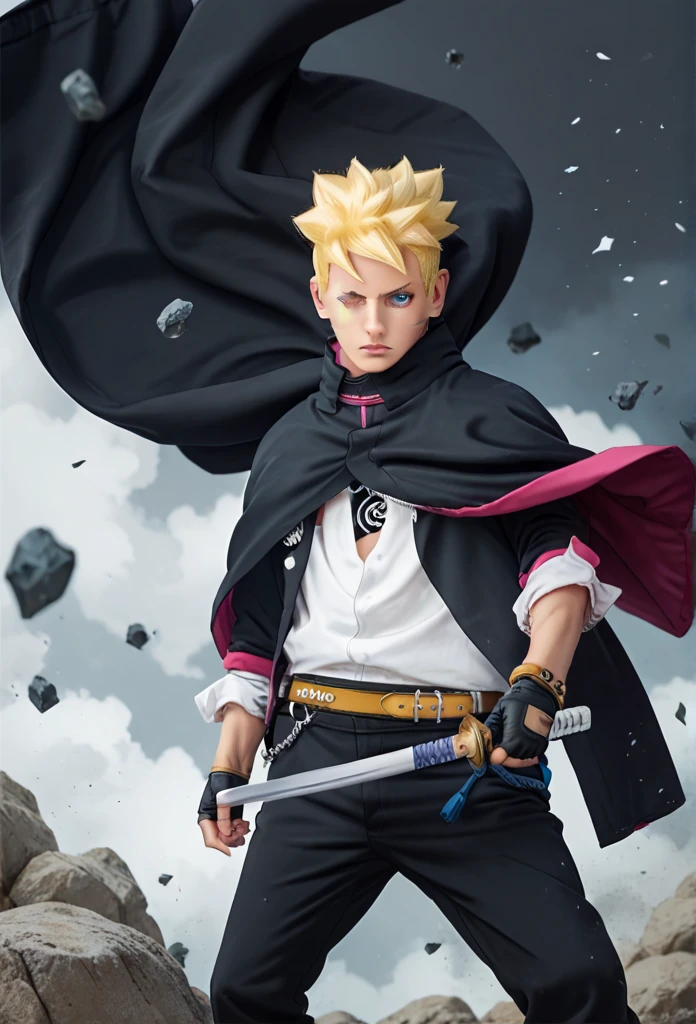 Boruto, 1boy, solo, yellow hair, blue eyes, two black lines on the cheek, black cloak, black pants, gloves, rocks background, fight pose, hand holding katana sword, cowboy shot, one eyes closed