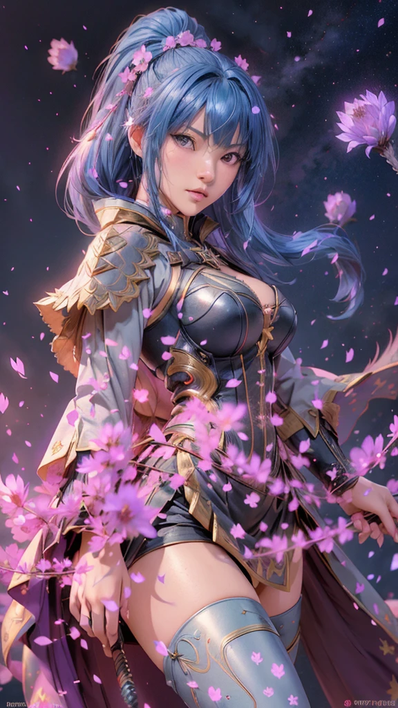  A young Japanese woman , warrior, (serious), Combat Stance, (wielding a sword),  very detailedな, hyperrealistic, (from front),  Brilliant Appearance , Creative Action,  extremely detailed, Imaginative,  sensual,  Spontaneous ,  top quality,  skin texture,  (((long hair))),  
 (((hair over eyes))),  ((midnight blue hair)),   toned body,  ((huge breasts)),  Big Breasts,   plump thighs,   The purple armor with a thistle flower pattern engraved on it is bikini type and is designed to accentuate chest exposure,  ( Wear a black cloak with a thistle flower pattern ),  peplum skirt,   black shin guard with thistle flowers engraved ,  White high-leg underwear ,  Black tights,   absolute domain,  Intricate Details , ( Cinematic Writing ),  Dramatic lighting,  ((A dark night sky with stars in full bloom)),  ((The background is full of blooming thistle flowers )),  (( Large thistle flowers blooming in full bloom on the front )),(confetti),   RAW photos , 8k, masterpiece,   top quality, Ultra Details , very detailed,  Intricate Details , high definition ,超 Intricate Details, very detailed 8k cg wallpaper,