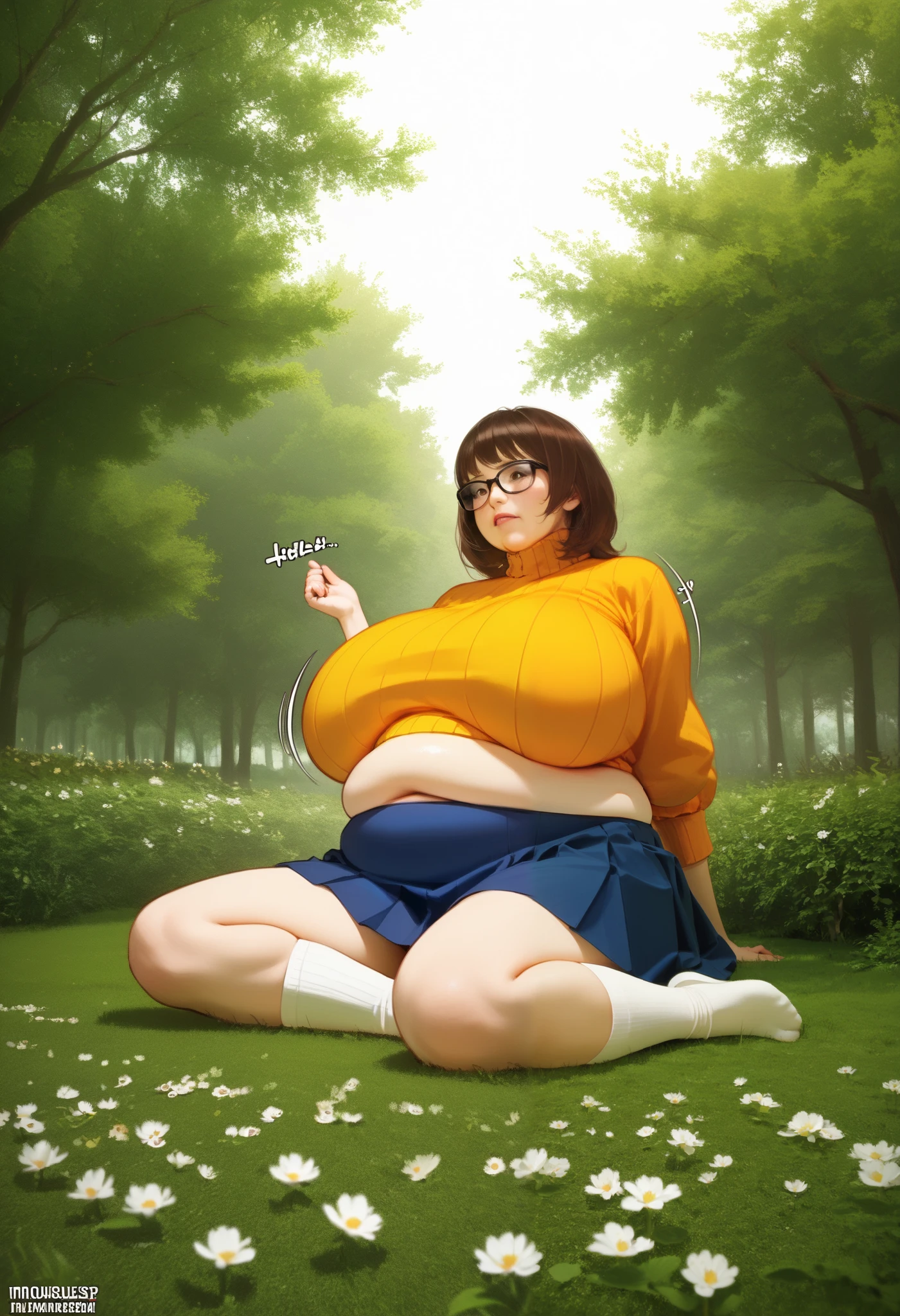 SFW,masutepiece, Best Quality, High resolution, 1girl in, Full body, Details Girl, detail hands, Detail fingers, Detail Face, detail 1girl in, Looking down, Flower Garden, pale skin, ((:1.3)), , short skirt, () ((massive breasts)) (covered breasts:1.5), (pain emotions:1.2), (back pain sound effects:1.2), , perfect lighting, cinematic composition, highly detailed, photorealistic, 8k, best quality, masterpiece, ((VelmaXL)),(undersized organge sweater, chubby belly peek), brown long socks, blue skirt, square glasses, brown hair, n4g4,  stretched clothes, ((sagging breasts)), ((sitting next to a tree on the ground)),  