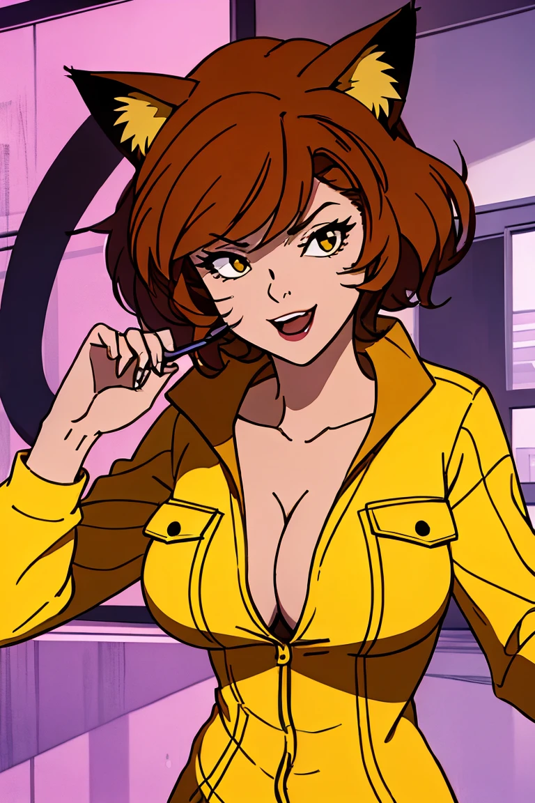 cowboy shot, april o'neil, 1980s \(style\), 1girl, brown hair, orange hair, retro artstyle, short hair, solo, yellow jumper suit, unbutton_shirt, (white bra slip:1.2), medium_breasts, cleavage