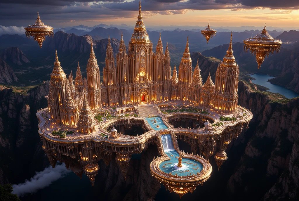 A breathtaking, floating city resting on the vast ocean, inspired by ancient Indian architecture and seamlessly blending modern engineering with timeless design. The city features towering gopurams adorned with intricate carvings of deities, mythical creatures, and elaborate floral motifs. Golden domes, spires, and sandstone facades radiate brilliance, while massive floating platforms, powered by glowing steampunk engines, keep the city gracefully afloat on the shimmering water.

The city is a paradise of cascading waterfalls, lush gardens, and flowing water channels that create a harmonious balance between nature and technology. Aqueducts and reservoirs distribute water throughout, with fountains and streams enhancing the oasis-like atmosphere. Suspended mechanical bridges and rotating platforms add a futuristic touch to the ancient elegance.

Surrounding the city are enormous, ancient Indian magical floating boats that guard it. These boats are ornately decorated with detailed carvings and glowing mystical energy, combining traditional craftsmanship with futuristic steampunk-inspired weaponry. The ocean reflects the vibrant hues of the twilight sky, creating an ethereal, serene setting.

The scene exudes grandeur and innovation, showcasing the fusion of ancient Indian heritage, mystical power, and advanced engineering, all set against the tranquil yet majestic backdrop of the open sea.