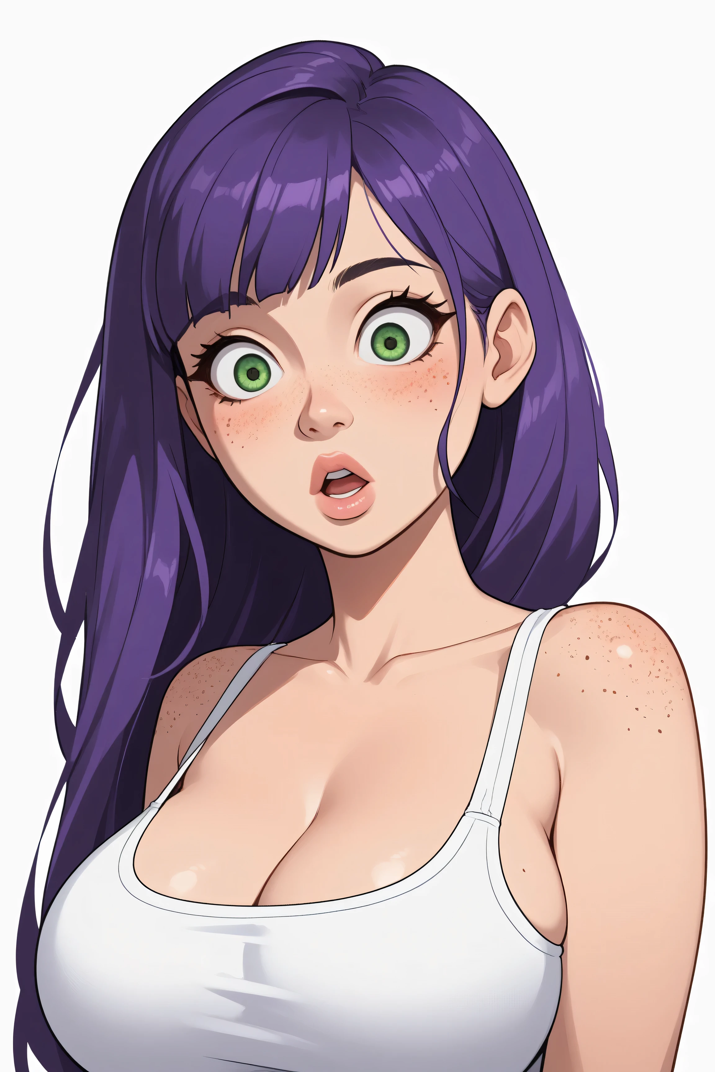 (masterpiece, highres, high resolution:1.2), anime 20 yo girl, portrait, shoulders up, illustration. drawn, violet hair, asian girl, green eyes, blushing, solo, surprised, freckles, big lips, huge breasts, perfect body, wearing a tight crop top, no hands.