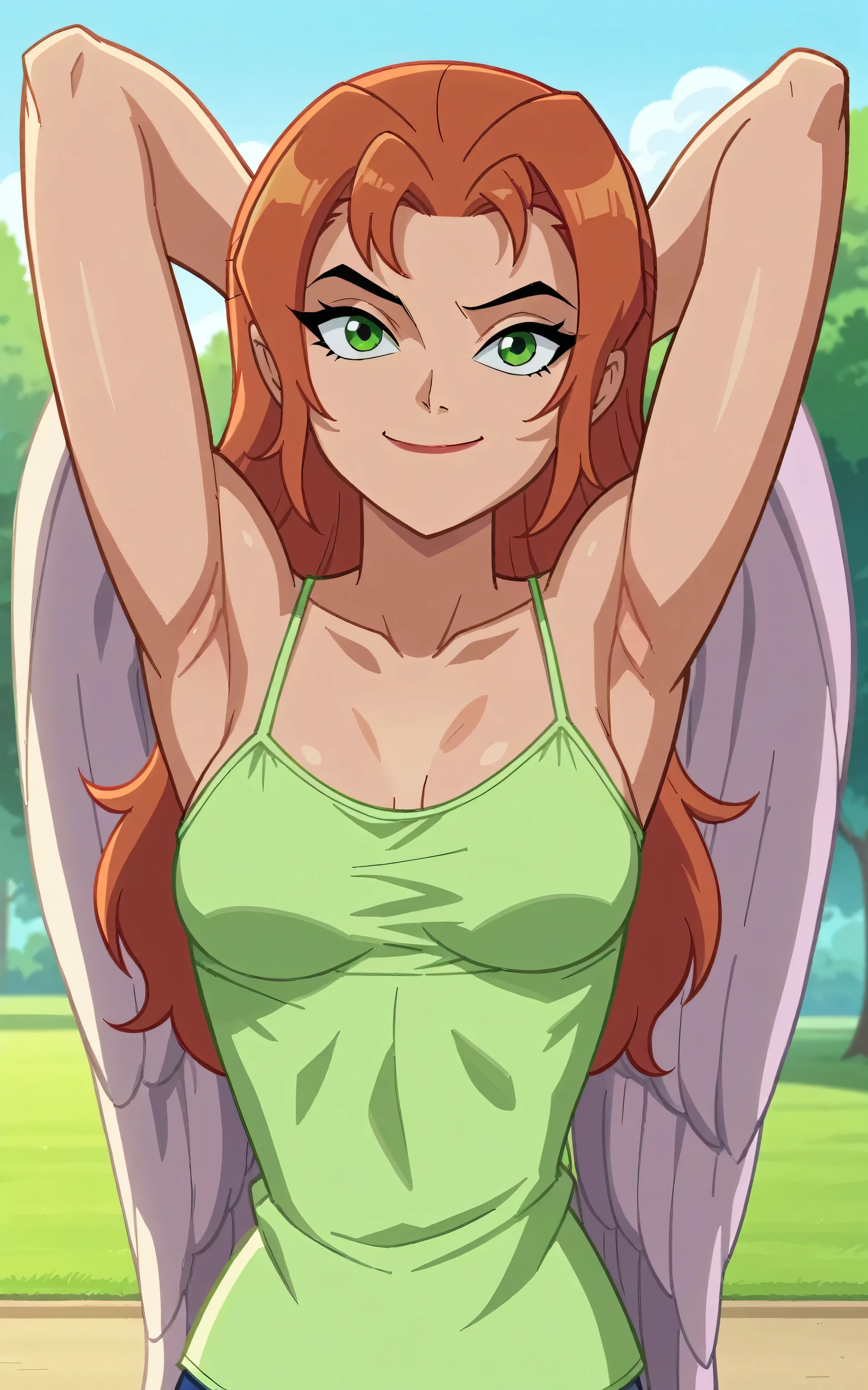 score_9, score_8_up, score_7_up, source_anime, anime screencap, 1girl, solo, shayera hol, angel wings, feathered wings, wings, long hair, green eyes, pink camisole, spaghetti straps, collarbone, medium breasts, bare shoulders, bare arms, arms behind head, armpits, looking at viewer, head towards viewer, smile, closed mouth, badhandv4, outdoors, day, park