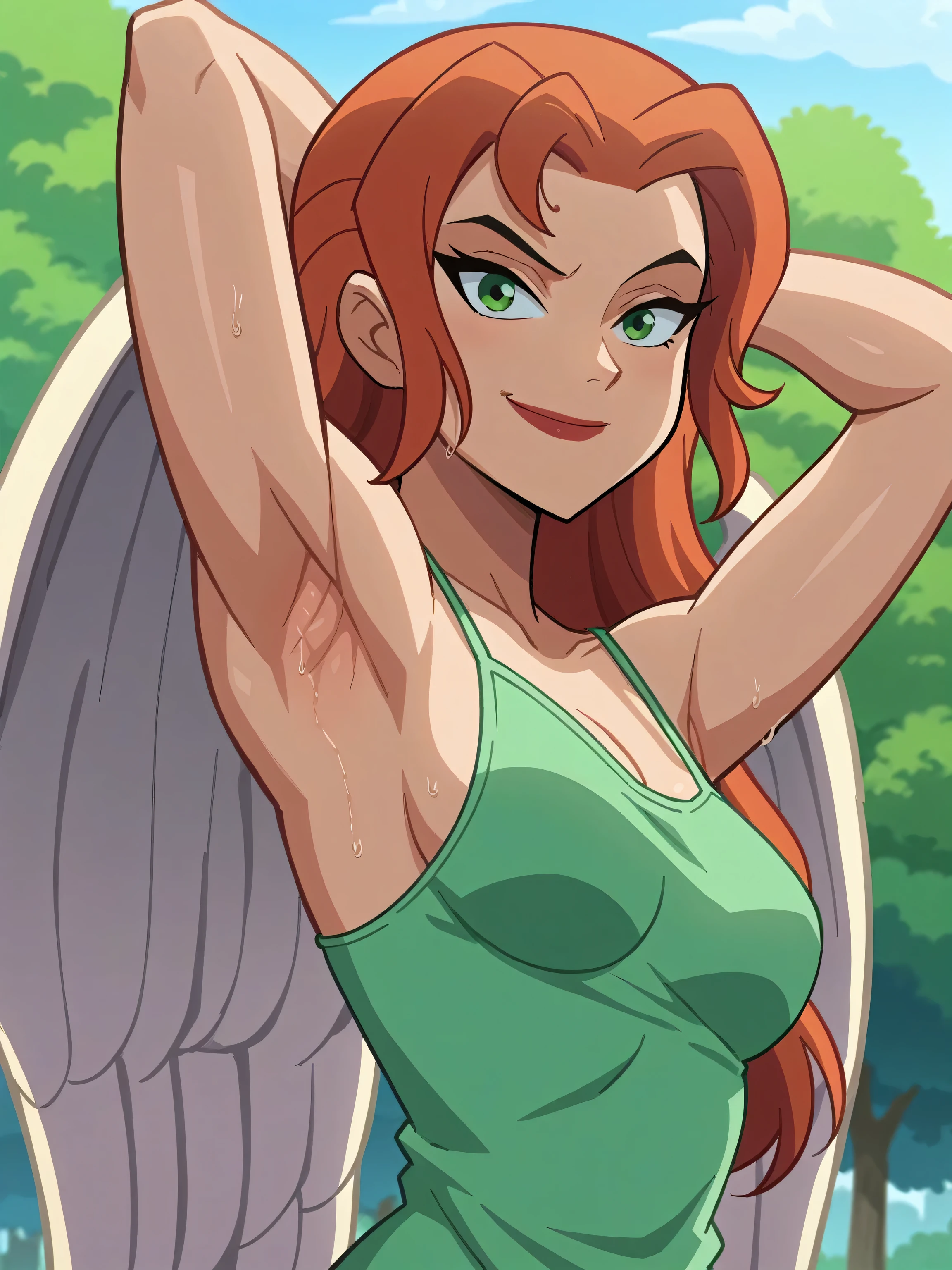 score_9, score_8_up, score_7_up, source_anime, anime screencap, 1girl, solo, shayera hol, angel wings, feathered wings, wings, long hair, green eyes, green camisole, spaghetti straps, collarbone, medium breasts, bare shoulders, bare arms, arm behind head, armpit, looking at viewer, head towards viewer, smile, closed mouth, badhandv4, outdoors, day, park, sweaty, from side, from below 