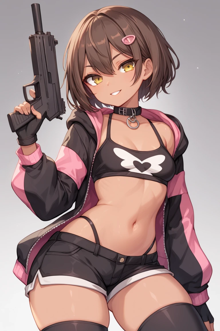 A girl, without expression, between closing the eyes,  brown hair ,  tanned skin,  front view , wearing a large pink mascot collar with black lines , Tousled short bob hairstyle,  golden eyes ,  small breasts ,  thick thighs,  wearing a long-sleeved bodysuit, with a hooded poncho ,  wearing black fingerless gloves,  holding a gun pointed at the spectator in one hand, wearing long black tights, with black shorts