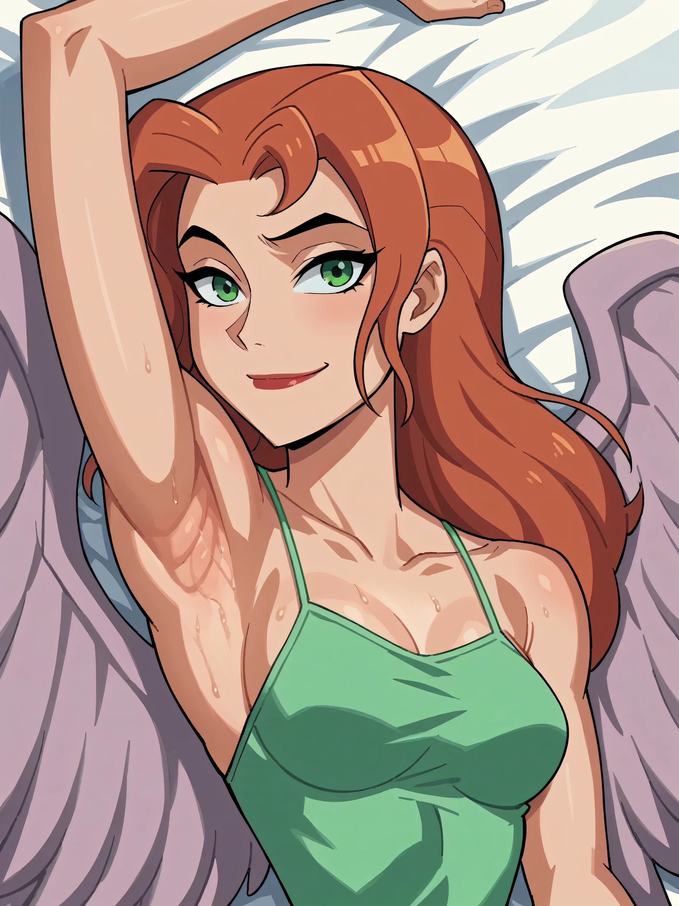 score_9, score_8_up, score_7_up, source_anime, anime screencap, 1girl, solo, shayera hol, angel wings, feathered wings, wings, long hair, green eyes, green camisole, spaghetti straps, collarbone, medium breasts, bare shoulders, bare arms, arm up, raised arm, armpit, looking at viewer, head towards viewer, smile, closed mouth, badhandv4, sweaty, from side, lying in bed 