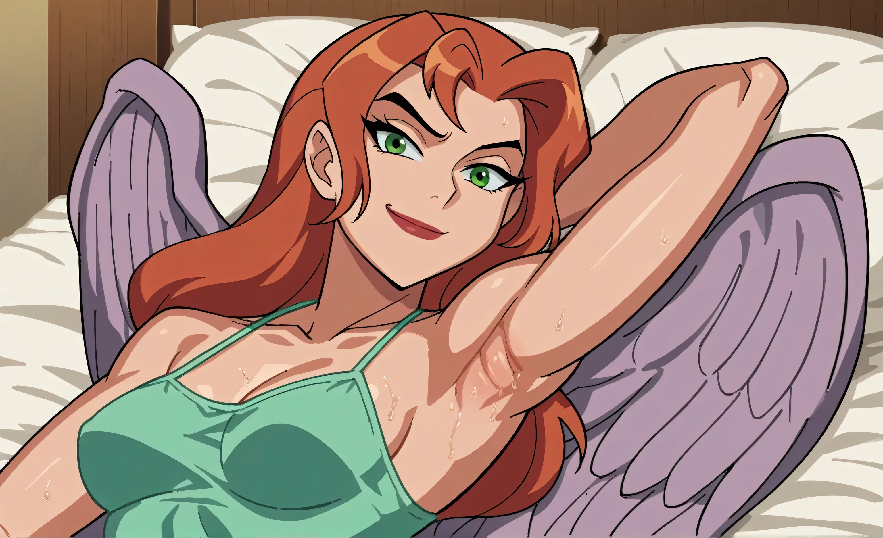 score_9, score_8_up, score_7_up, source_anime, anime screencap, 1girl, solo, shayera hol, angel wings, feathered wings, wings, long hair, green eyes, green camisole, spaghetti straps, collarbone, medium breasts, bare shoulders, bare arms, arm up, raised arm, armpit, looking at viewer, head towards viewer, smile, closed mouth, badhandv4, sweaty, from side, lying in bed 