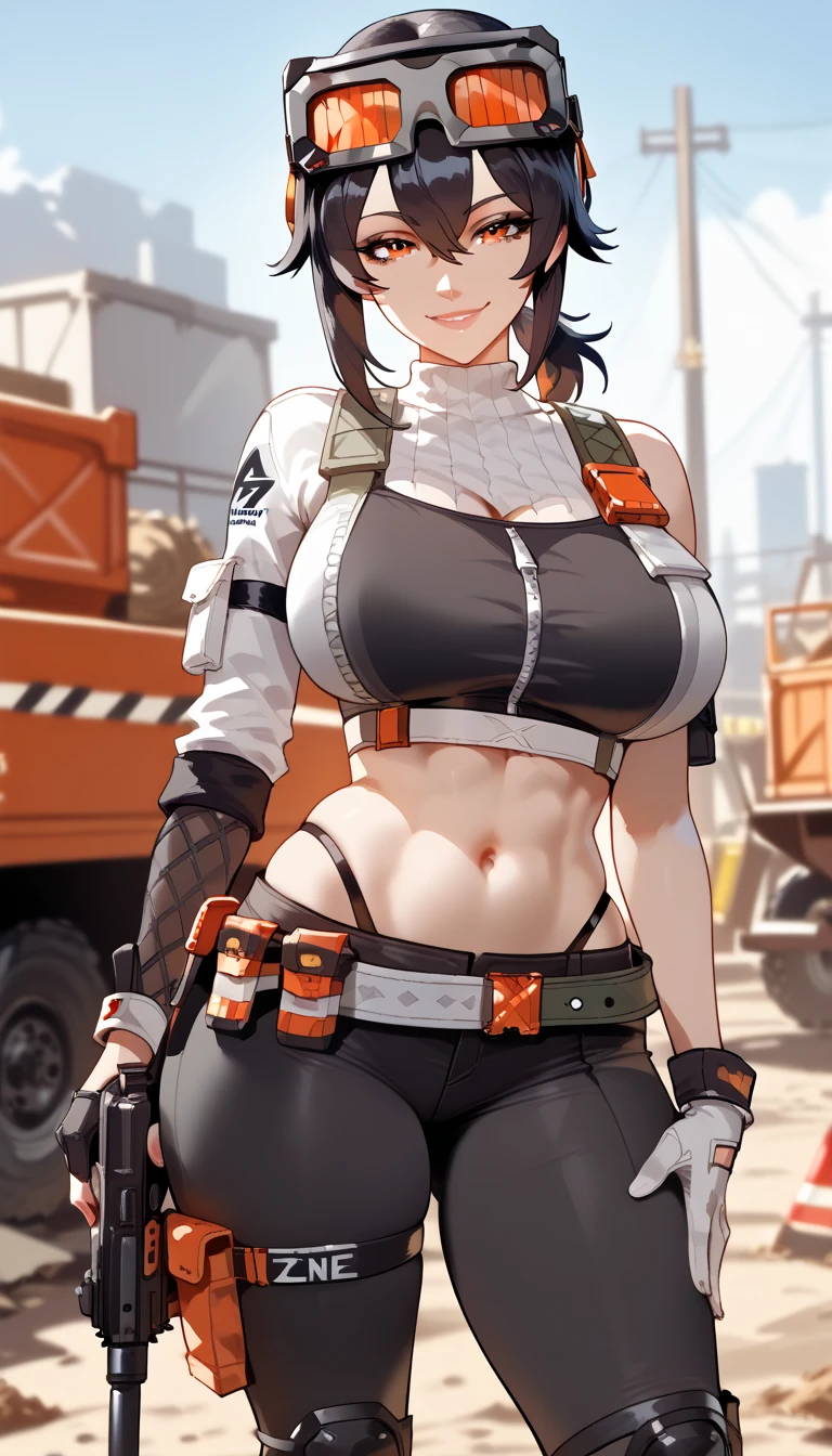 ultra-detailed, 1girl, grace, Zenless Zone Zero, (best quality), ((masterpiece)), (highres), 16K, orange eyes, perfect face, short hair, black hair, low ponytail, ahoge, goggles on head, wearing black crop top, wearing black leggings, thong, thigh straps, knee pads, holster, asymmetrical gloves, belt, busty body, large breasts and a beautiful ass, showcasing cleavage, legs, hips, (holding assault rifle), looking at viewer, smile, detailed body, thigh details, construction site background