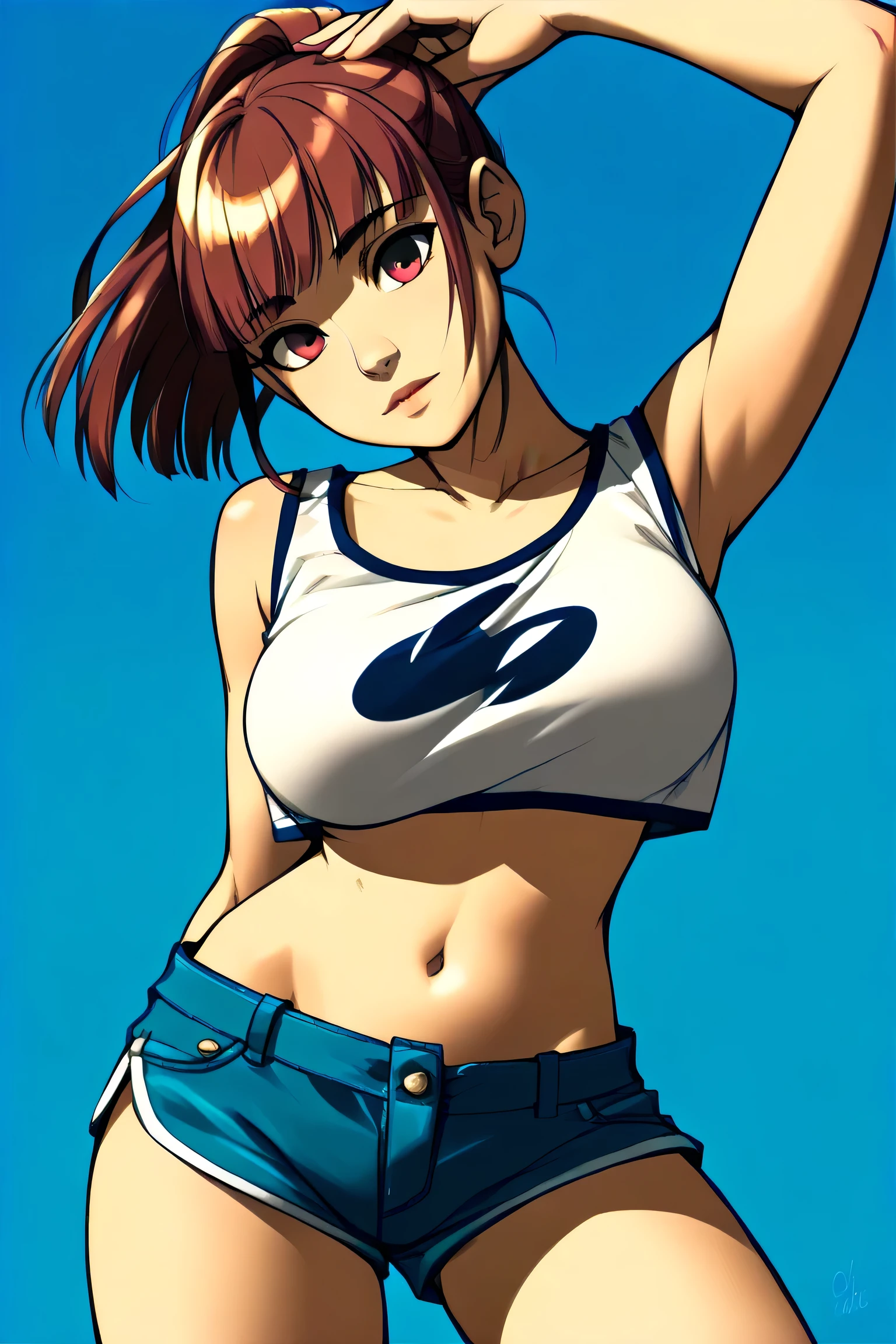 1girl,solo，Blue Background，huge breasts, tight crop top, short shorts, underboob, High Ponytail，Unbelievably long hair，cowboy shot,,looking at viewer，Simple style，wide angle,Dynamic Angle，(bangs_pinned_back:1.5),(head_tilt:1.7),(cuvrybody:1.1)，Lively posture，From the front，From below, looking at viewer, 