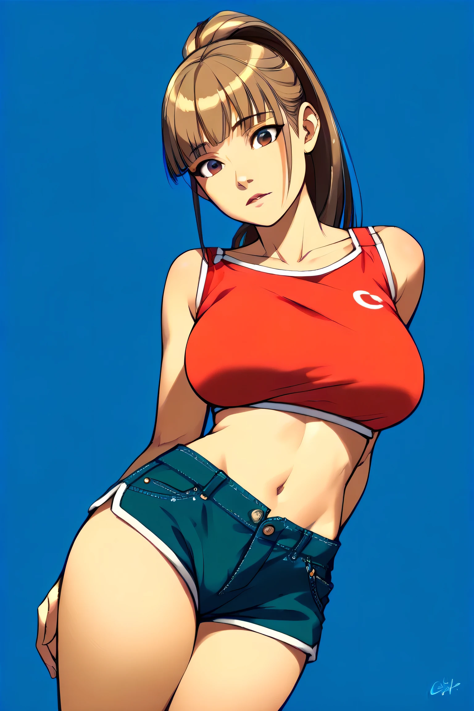 1girl,solo，Blue Background，huge breasts, tight crop top, short shorts, underboob, High Ponytail，Unbelievably long hair，cowboy shot,,looking at viewer，Simple style，wide angle,Dynamic Angle，(bangs_pinned_back:1.5),(head_tilt:1.7),(cuvrybody:1.1)，Lively posture，From the front，From below, looking at viewer, 