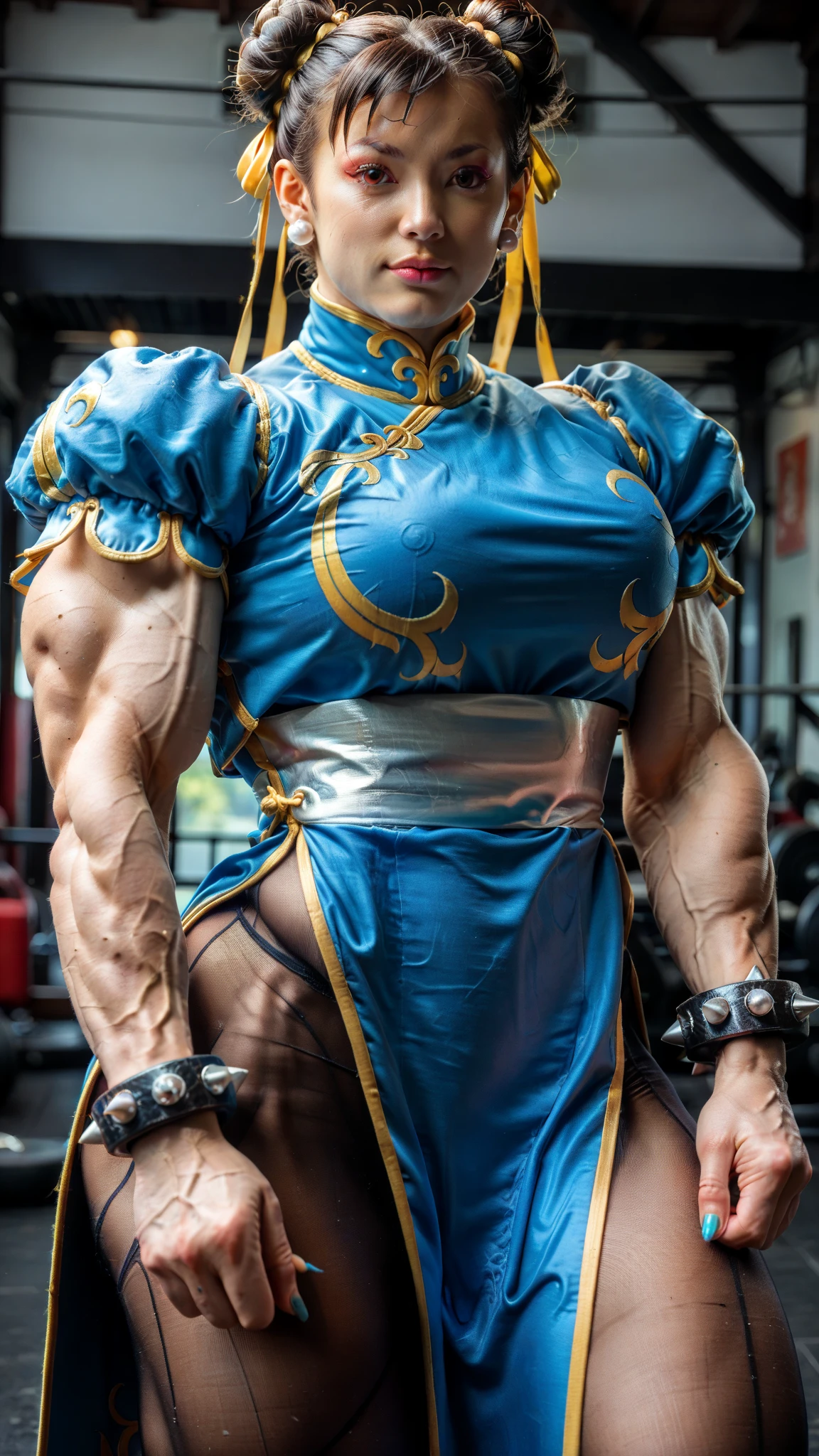 (nsfw:1), (Uncensored:1), score_9, score_8_up, score_7_up, (three quarters Shot), (1 girl), (Chun-Li) solo, looking at viewer,  (((hyper muscular bodybuilder physique:1.25))), ((((Huge biceps:1.5)))), ((skinny waist & torso:1.25)), short hair, black hair, dress, brown eyes, jewelry, short sleeves, pantyhose, earrings, puffy sleeves, hair bun, bracelet, puffy short sleeves, sash, double bun, makeup, chinese clothes, china dress, pelvic curtain, spikes, brown pantyhose, bun cover, spiked bracelet, super realistic image, 