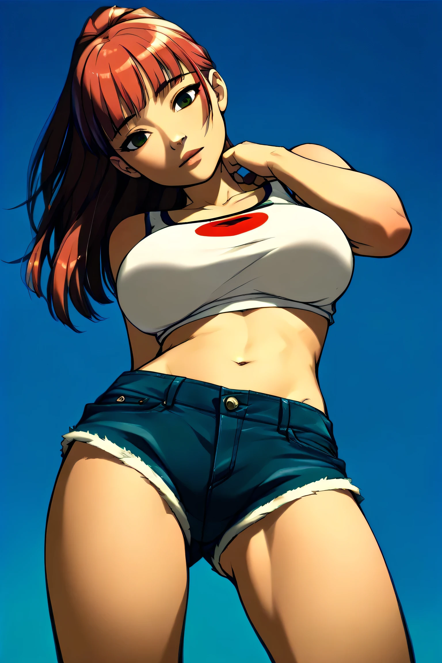 1girl,solo，Blue Background，huge breasts, tight crop top, short shorts, underboob, High Ponytail，Unbelievably long hair，cowboy shot,,looking at viewer，Simple style，wide angle,Dynamic Angle，(bangs_pinned_back:1.5),(head_tilt:1.7),(cuvrybody:1.1)，Lively posture，From the front，From below, looking at viewer, 