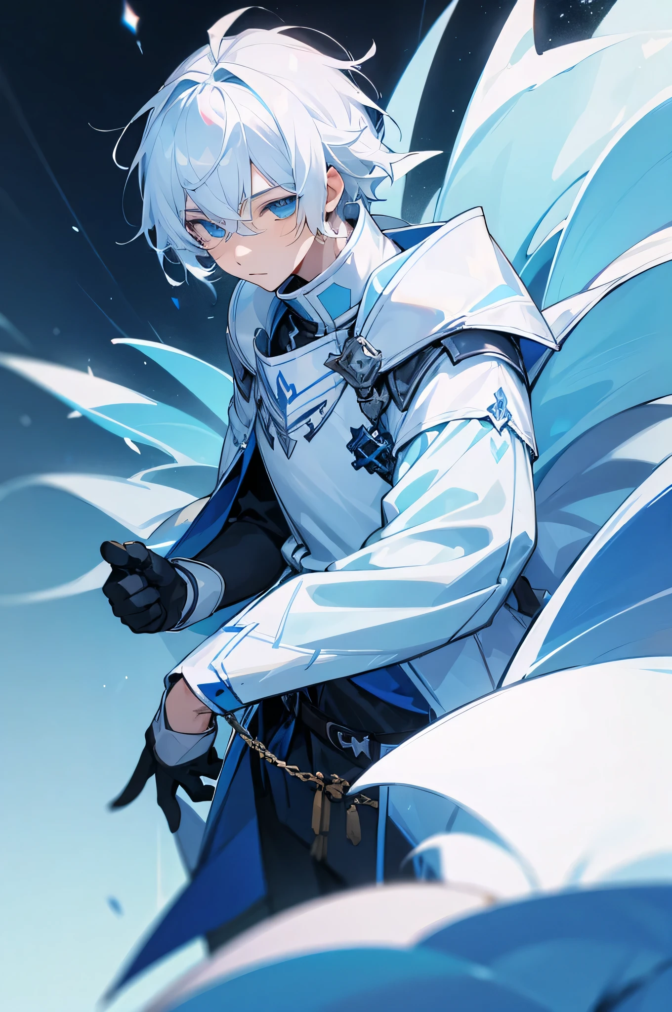 1 Male. Young teen. Knight Clothing, White Hair, Blue eyes, Ice Background.