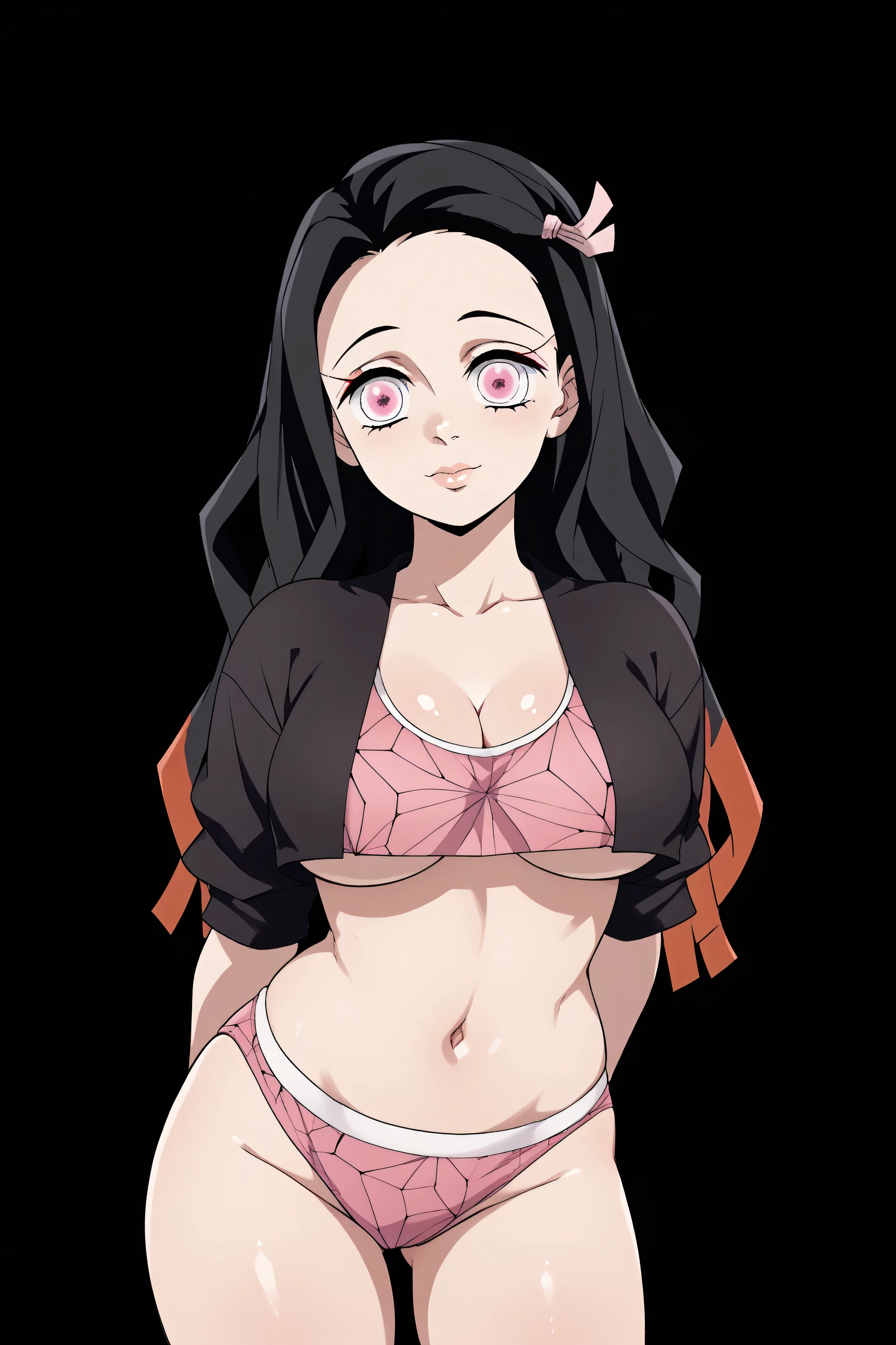 Nezuko Komado from Kimetsu No Yaiba, big breasts, black, red highlights, pink eyes, tight crop top, underboob, cleavage, panties, arms behind back, shiny skin, black background, looking at viewer,