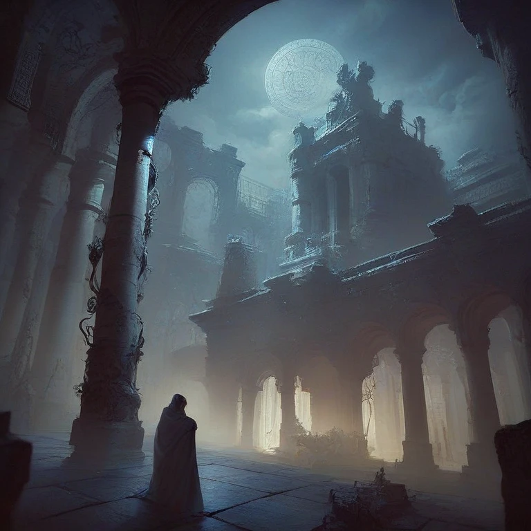 creepy scenario like a nightmare, with no person, hazy place, foggy, ancient ruins, illusion, dusk, dawn