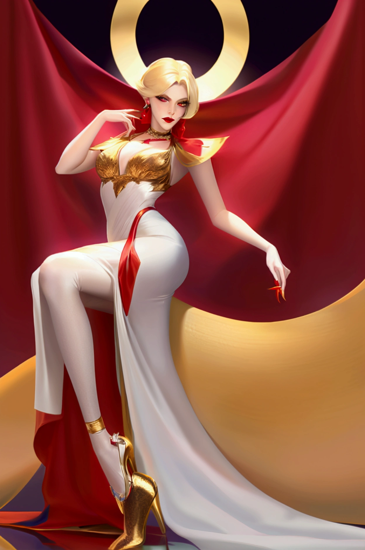 ((Highest quality)), ((masterpiece)), (Familiar), Lusamine,{{nsfw}},thin,Long blonde hair,Small breasts,Small breasts,Erect nipples,Adult female,Green Eyes,Slanted Eyes,Sleeveless dress,Gorgeous red dress,Gold embroidery,High heels,Fascinating,White pants