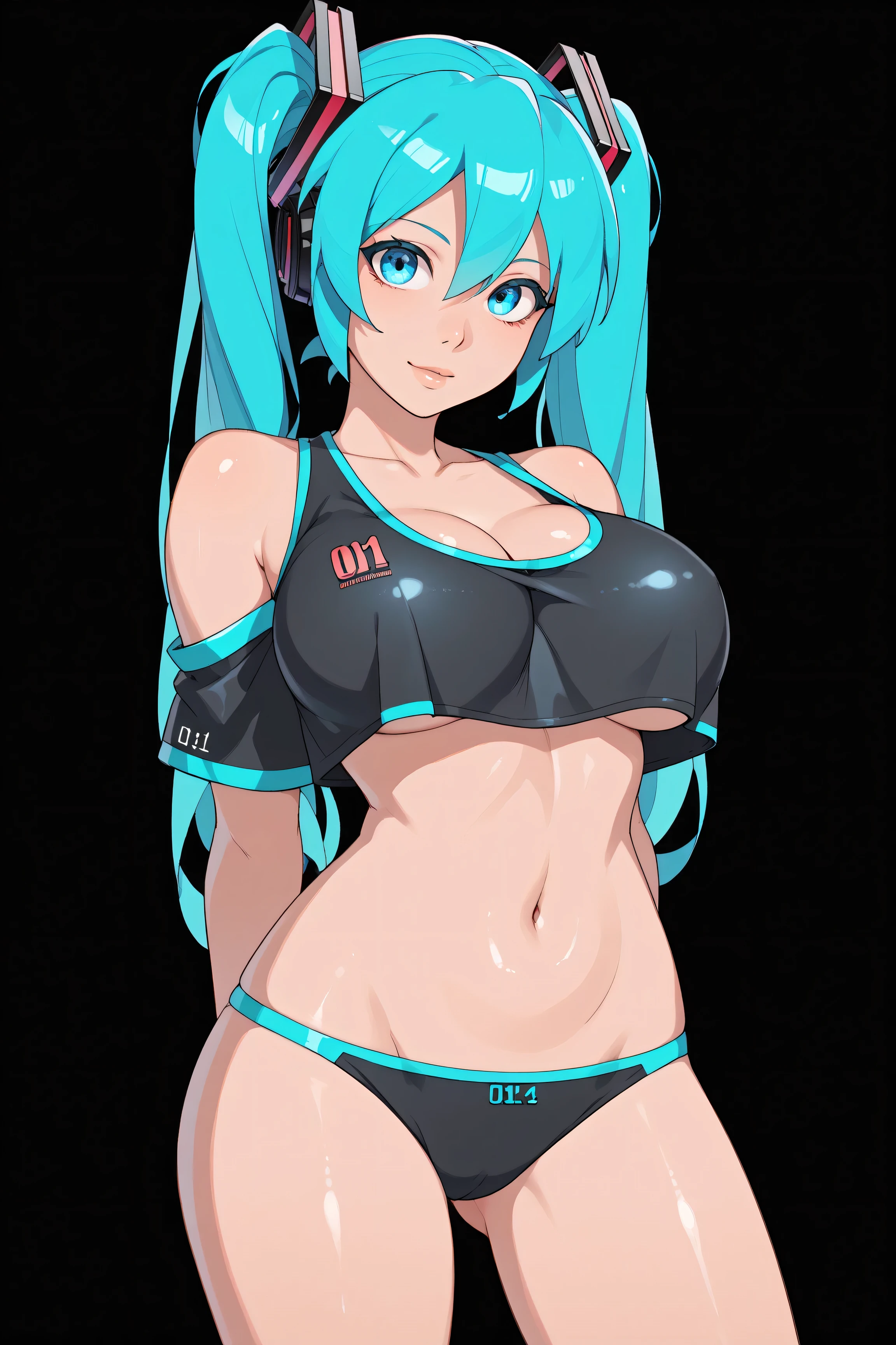 Hatsune Miku from Vocaloid, big breasts, blue hair,  blue eyes, tight crop top, underboob, cleavage, panties, arms behind back, shiny skin, black background, looking at viewer, 