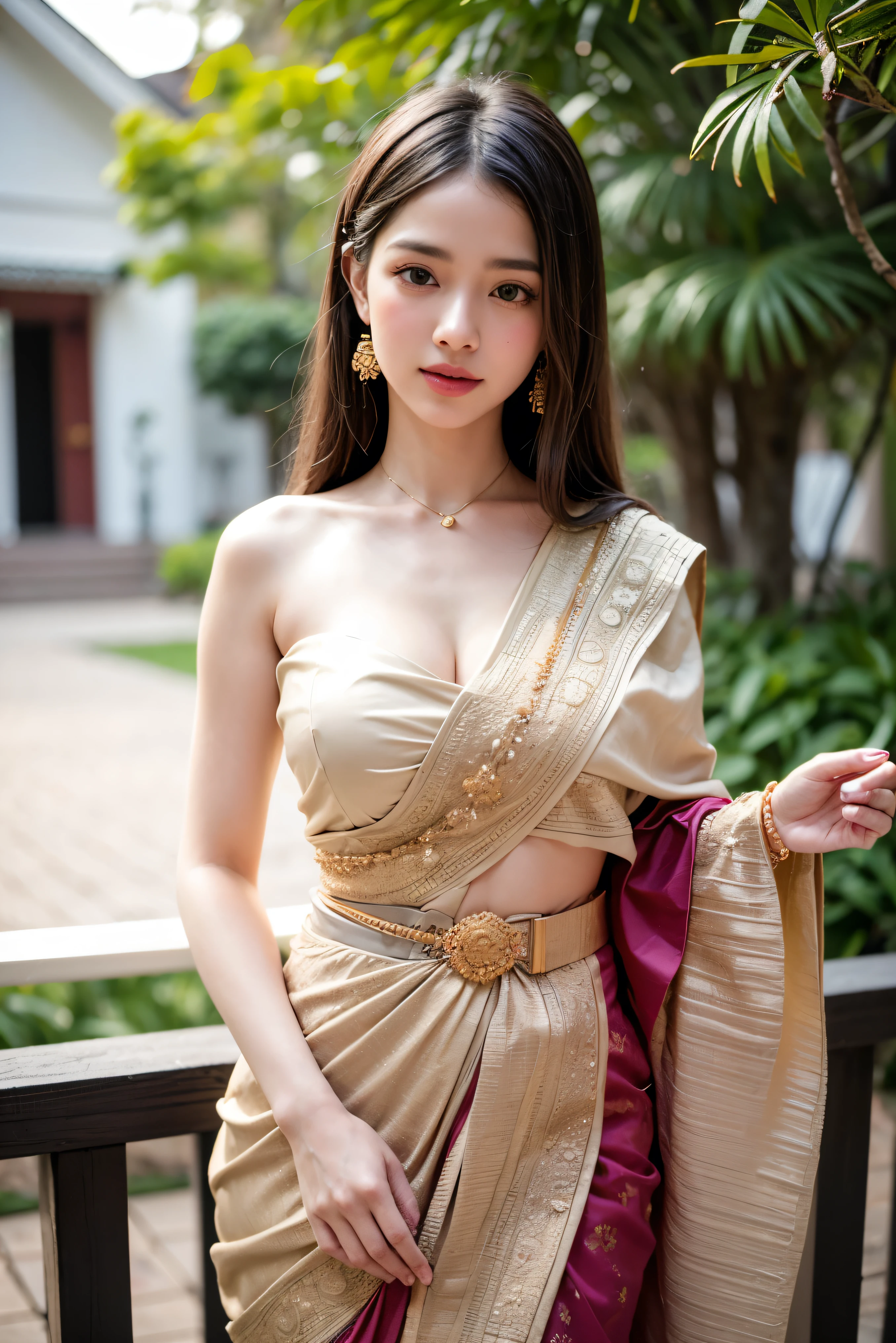 8K, ultra high detailed, an thai girl, cute face, happy, long hair, impressive hairstyle, detailed eyes, detailed lips, indian clothes, saree, golden saree, lace, wearing jewellery, nature background, flowers, afternoon, shadow, clear weather, whole body capture, Big Breasts