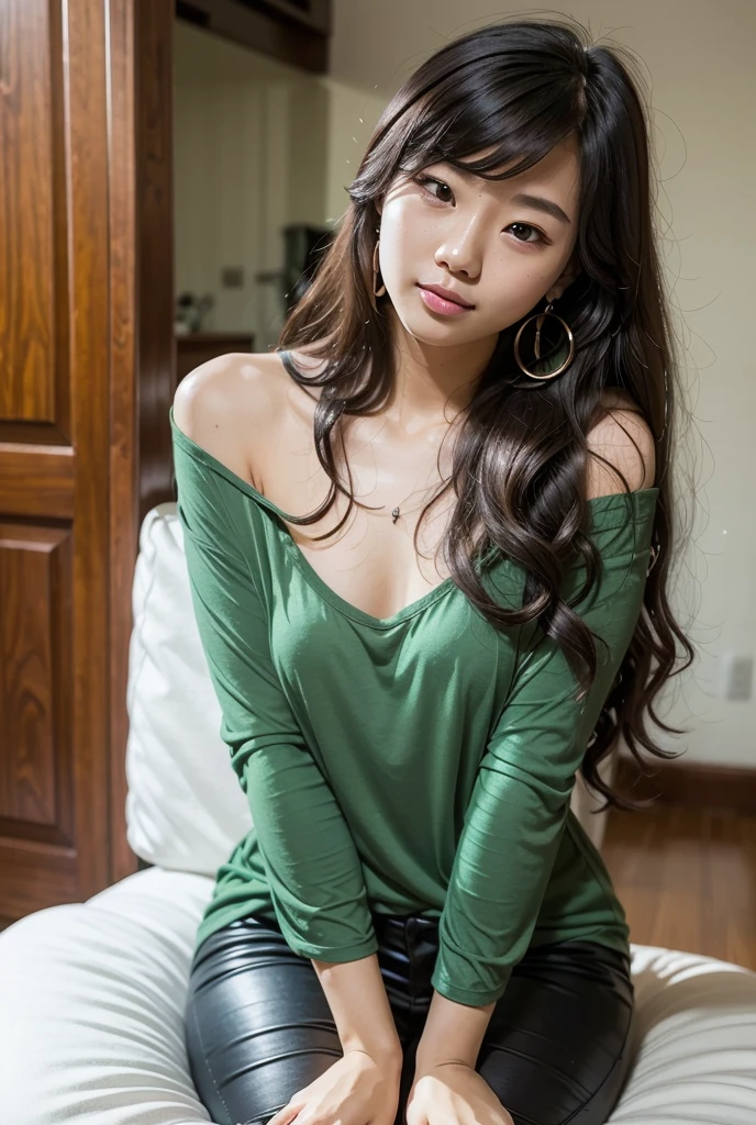 Curly Hair, Very Long Hair, Green Shirt, Bare Shoulders, Big Shirt,1girl, High Resolution, (Sitting On Knees), Korean Girl, petite, Detailed, Earrings, Jewelry, Full Body, 