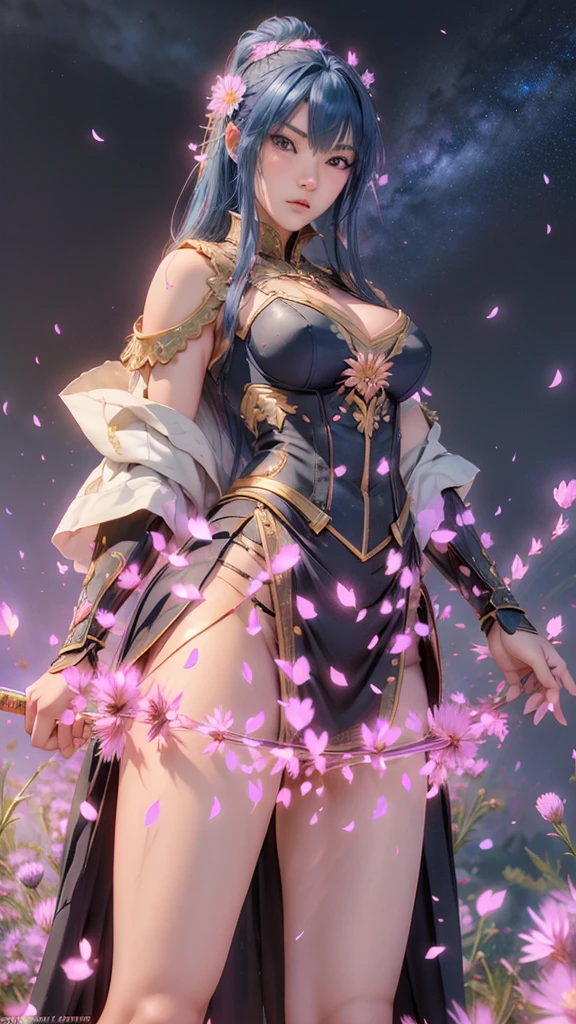  A young Japanese woman , warrior, serious,, Combat Stance, wielding a sword,  very detailedな, hyperrealistic, full body view ,  Brilliant Appearance , Creative Action,  extremely detailed, Imaginative,  sensual,  Spontaneous ,  top quality,  skin texture,  (((long hair))),  
 (((hair over eyes))),  ((midnight blue hair)),   toned body,  ((huge breasts)),  Big Breasts,   plump thighs,   The purple armor with a thistle flower pattern engraved on it is bikini type and is designed to accentuate chest exposure,  ( Wear a black cloak with a thistle flower pattern ),  peplum skirt,   black shin guard with thistle flowers engraved ,  White high-leg underwear ,  Black tights,   absolute domain,  Intricate Details , ( Cinematic Writing ),  Dramatic lighting,  ((A dark night sky full of stars)),  ((The background is full of blooming thistle flowers )),  (( Large thistle flowers blooming in full bloom on the front )),(confetti),   RAW photos , 8k, masterpiece,   top quality, Ultra Details , very detailed,  Intricate Details , high definition ,超 Intricate Details, very detailed 8k cg wallpaper,