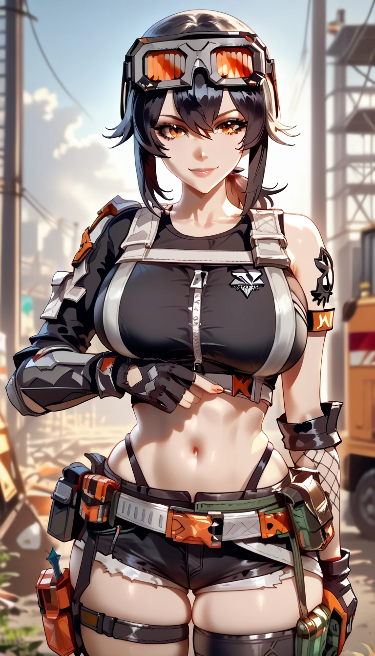 ultra-detailed, 1girl, grace, Zenless Zone Zero, (best quality), ((masterpiece)), (highres), 16K, orange eyes, perfect face, short hair, black hair, low ponytail, ahoge, goggles on head, wearing black crop top, wearing bootyshorts, thong, black thighhighs, knee pads, holster, asymmetrical gloves, belt, busty body, large breasts and a beautiful ass, showcasing cleavage, legs, hips, (holding assault rifle), looking at viewer, smile, detailed body, thigh details, construction site background