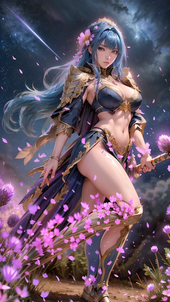  A young Japanese woman , warrior, serious,, Combat Stance, wielding a sword,  very detailedな, realistic,  full body view,  Brilliant Appearance , Creative Action,  extremely detailed, Imaginative,  sensual,  Spontaneous ,  top quality,  skin texture,  (((long hair))),  (((hair over eyes))),  ((midnight blue hair)),   toned body,  ((huge breasts)),  Big Breasts,   plump thighs,   The purple armor with a thistle flower pattern engraved on it is bikini type and is designed to accentuate chest exposure,  ( Wear a black cloak with a thistle flower pattern ),  peplum skirt,   black shin guard with thistle flowers engraved ,  White high-leg underwear ,  Black tights,   absolute domain,  Intricate Details , ( Cinematic Lighting ),  Dramatic lighting,  ((A dark night sky full of stars)),  ((The background is full of blooming thistle flowers )),  (( Large thistle flowers blooming in full bloom on the front )),(confetti),   RAW photos , 8k, masterpiece,   top quality, Ultra Details , very detailed,  Intricate Details , high definition ,超 Intricate Details, very detailed 8k cg wallpaper,