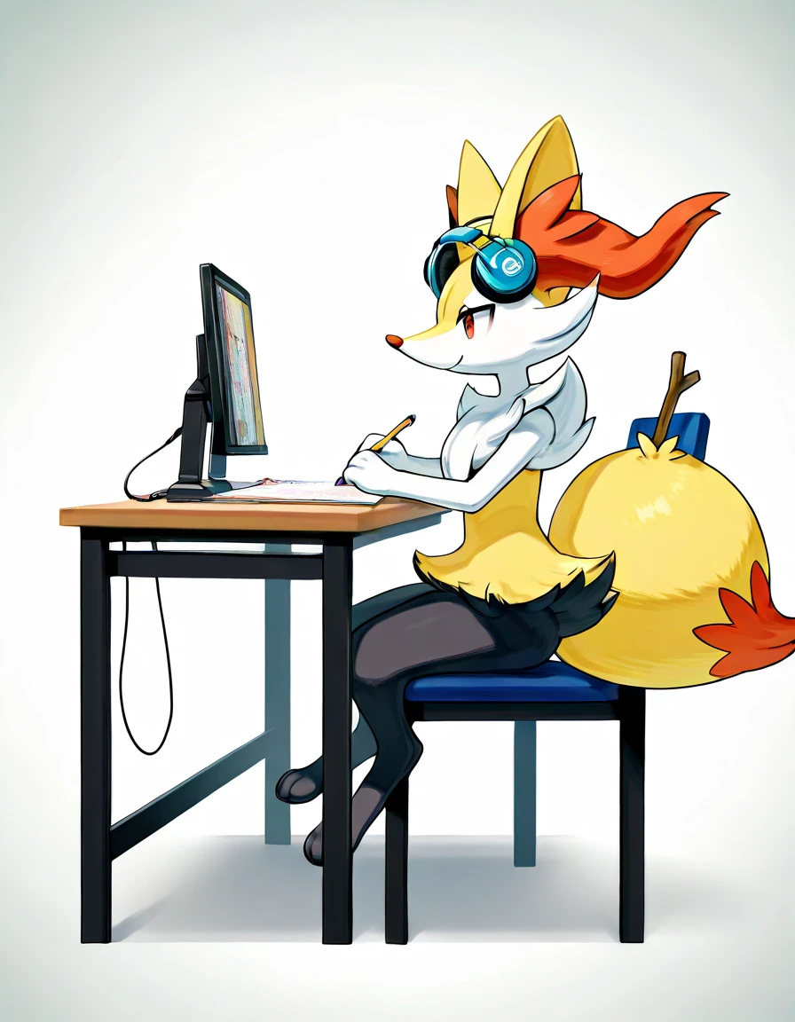 score_9,score_8_up,score_7_up, solo, Anthro, kemono style, braixen Pokemon, female, white bra, white panties, indoors, playing on a gaming pc, looking at computer monitor, wearing headphones, side view, livestream, live chat.