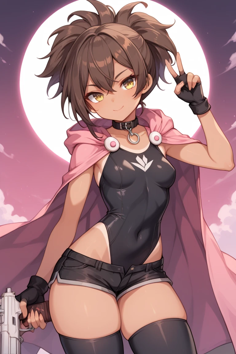 A girl, without expression, between closing the eyes,  brown hair ,  tanned skin,  front view , wearing a large pink mascot collar with black lines , Tousled short bob hairstyle with a ponytail ,  golden eyes ,  small breasts ,  thick thighs,  wearing a long-sleeved bodysuit,  with a hooded cape ,  wearing black fingerless gloves,  holding in one hand a gun pointed at the spectator, wearing long black tights, with black shorts