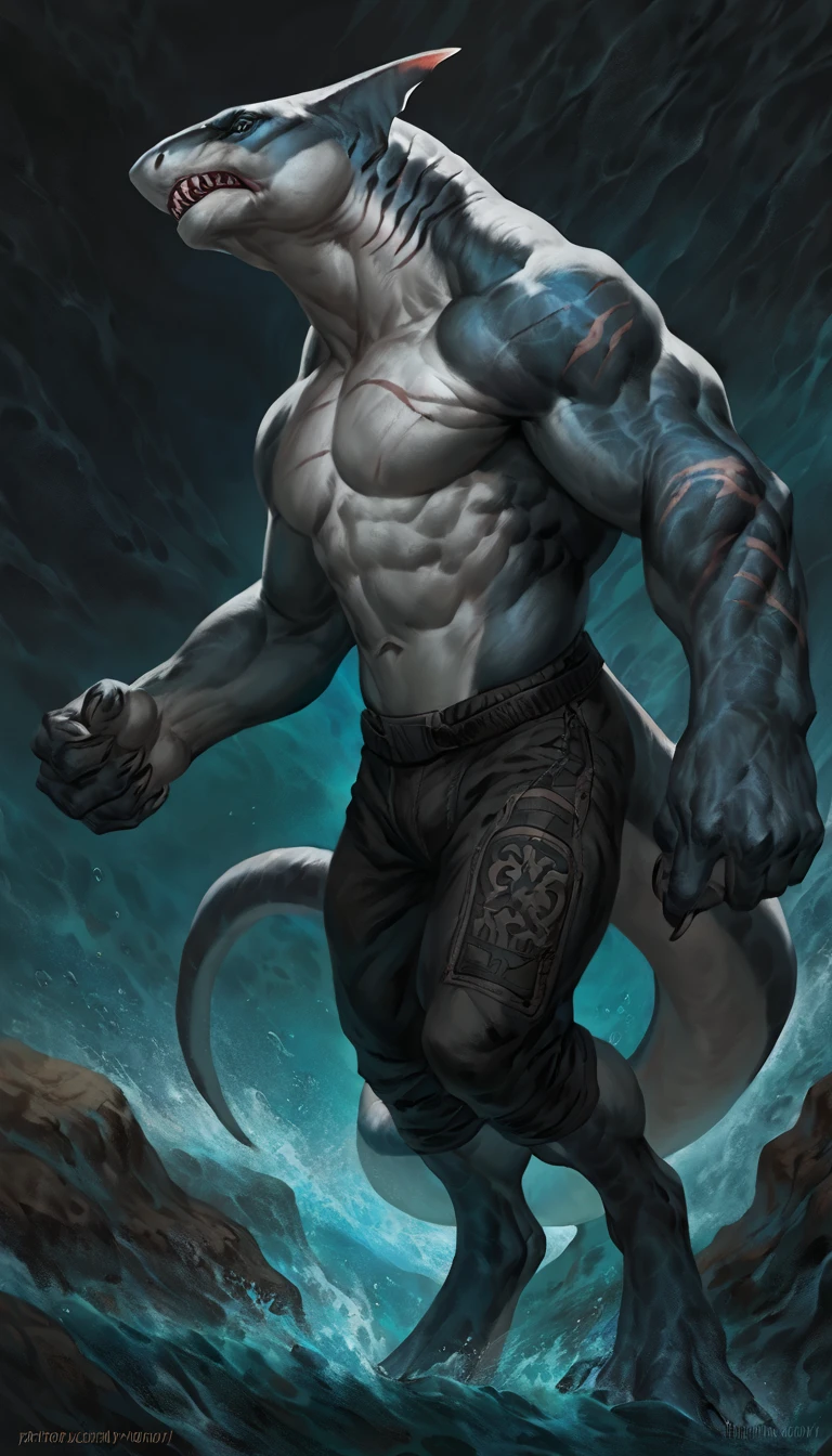 Muscular anthro shark, solo, fighter, scars on torso, 1male solo, small waist, thick shark tail, athletic, marked detailed jaws, pants, full body, comicbook style, best quality, 4k, ultra-detailed, by laobai, by taran fiddler, by honovy, by null-ghost, by thebigslick, underwater scenery, night, darkness