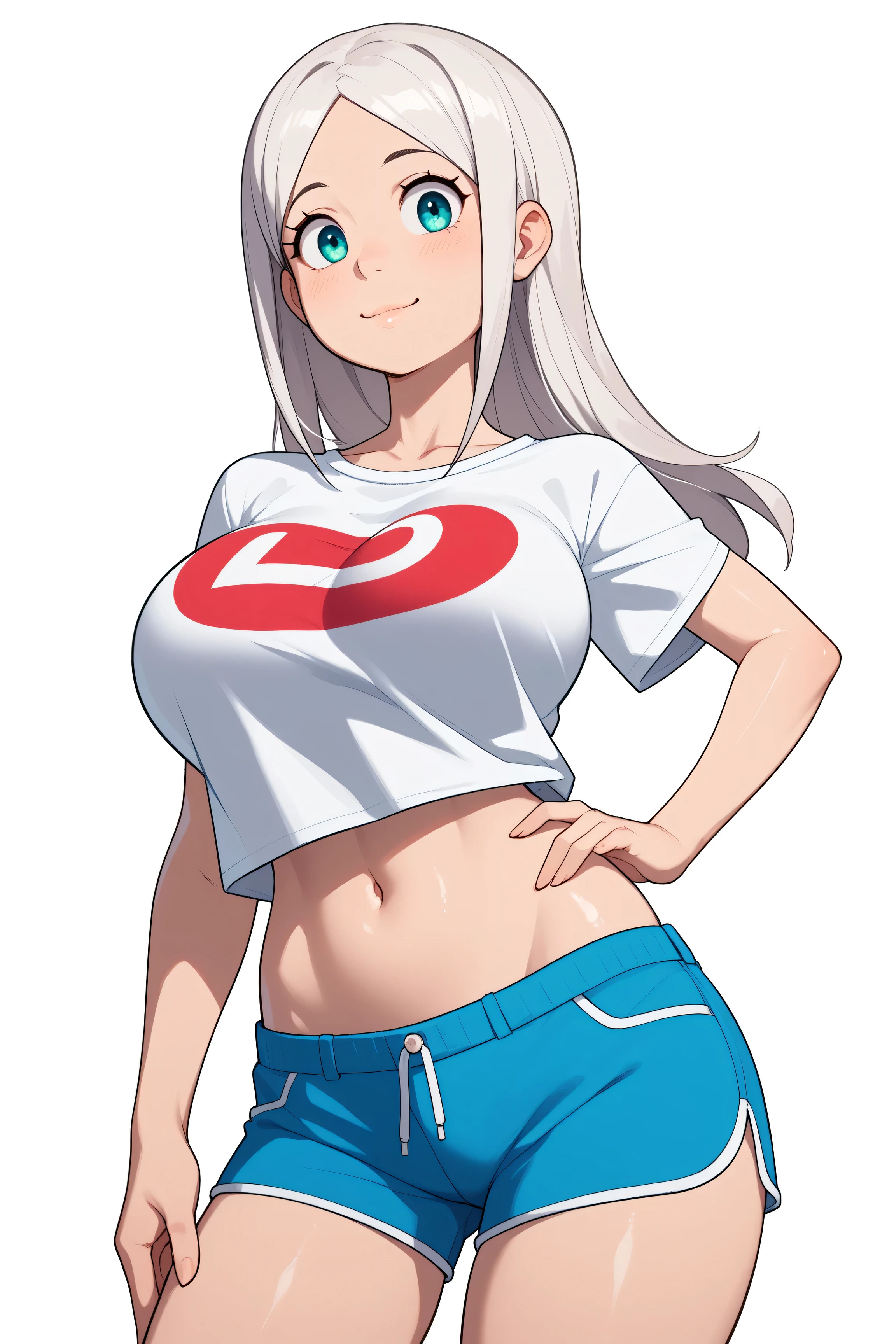 cute girl . Very kawaii , round face . alone , Slim , huge breasts , short and small . shiny skin . Pure white tube top T-shirt . shorts . dynamic poses . dynamic angle . No background , White background , looking at the audience