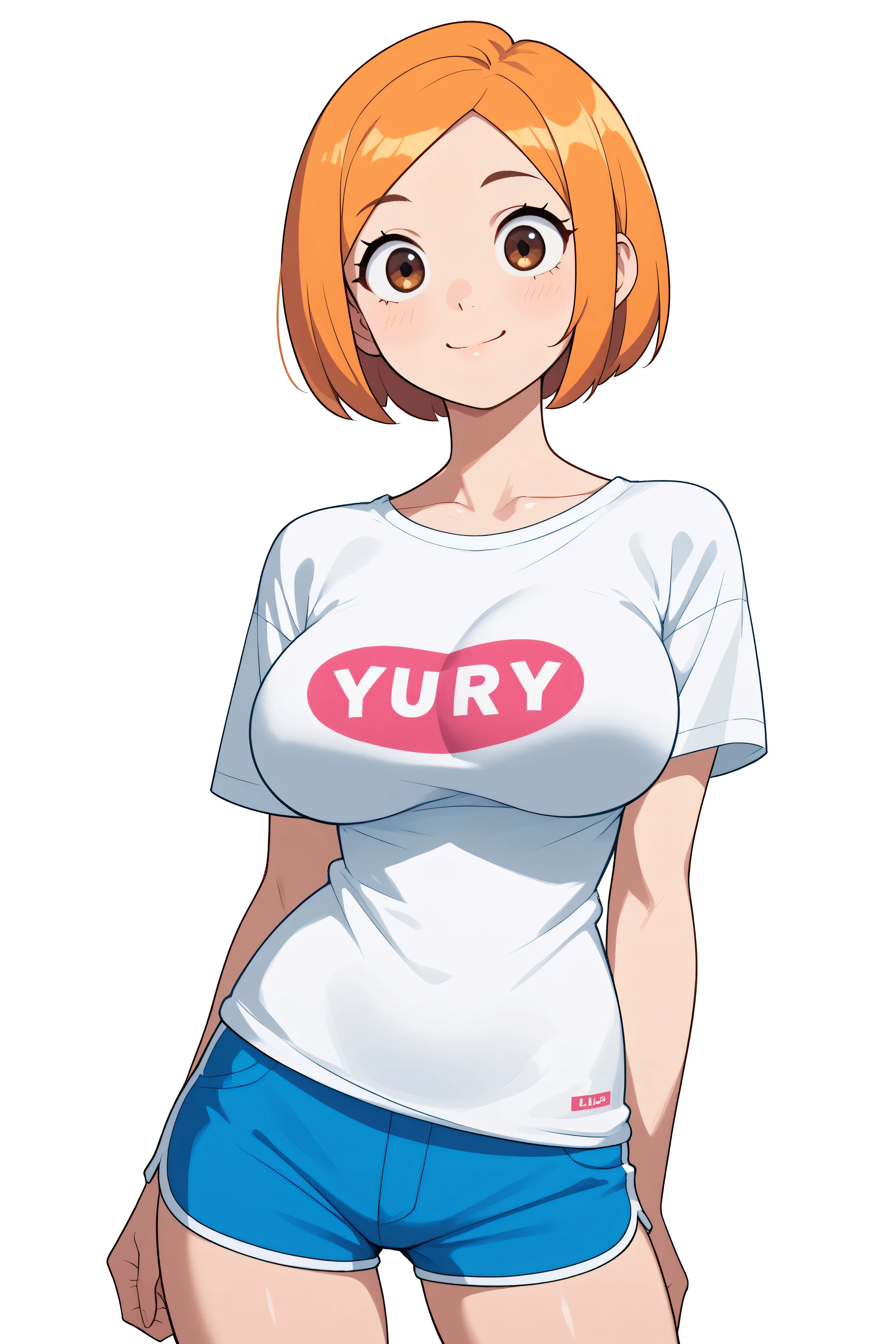 cute girl . Very kawaii , round face . alone , Slim , huge breasts , short and small . shiny skin . Pure white tube top T-shirt . shorts . dynamic poses . dynamic angle . No background , White background , looking at the audience