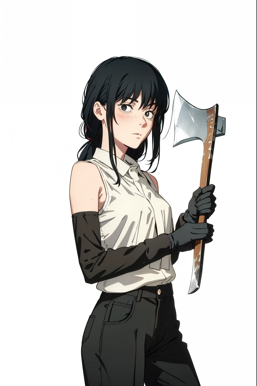 world flipper, 1girl, mitaka asa, chainsaw man, 1girl,a girl posing holding an axe,posing holding an axe,asa mitaka,wearing a white sleeveless shirt,wearing long black gloves,opera gloves,long dark loose hair,looking at viewer,black eyes,black pants,half body,white background,masterpiece,good anatomy,best quality, primitive axe, bound axe, bone axe, handmade axe, blushing  