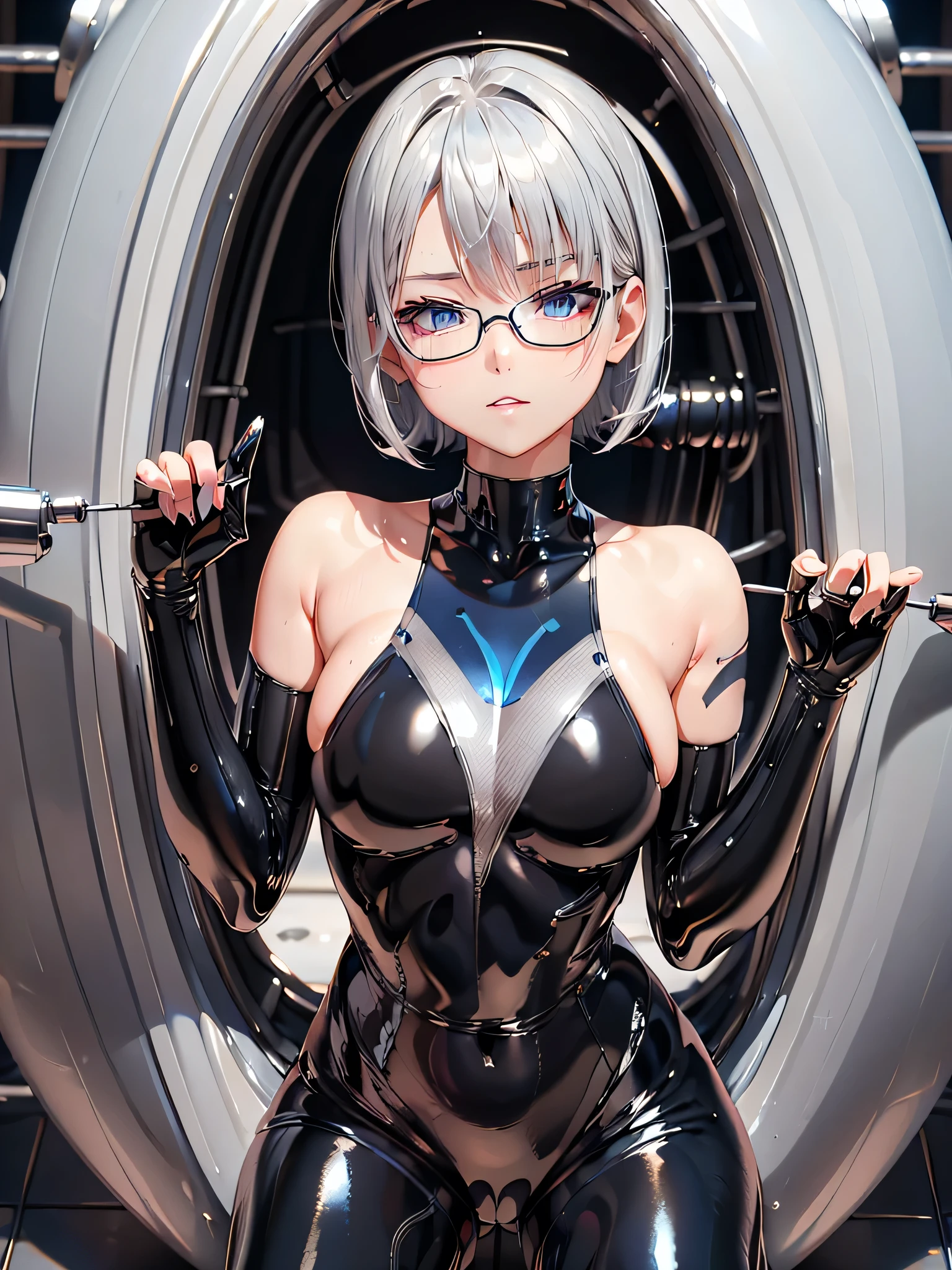 (( top quality)), ((masterpiece)), ( Details), (8k), (UHD), Close-up、 short hair、 blue eyes、 Silver Hair、Glasses、Spread your legs wide、full body black metallic enamel suit を着た美女、full body black metallic enamel suit 