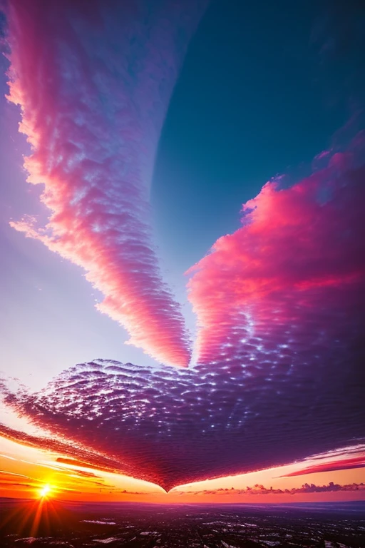 Sky with a glowing heart-shaped sun and a herart shaped the hole in the clouds. A beautiful image of a breathtaking sky filked with a solid sheet of cirrocumulus cloud formations that are reddish purple with the setting sun glowing behind them.  In the middle of these solid red, pink, and purple glowing cloud clusters is a heart-shaped hole, with the glowing golden rays of a heart-shaped sun blasting glowing rays through it and emphasizing the heart shaped hole. The sun's rays project a heart shape of pure glowing sunlight on the landscape below. Extremely beautiful and shocking. A stunning nature photo, award winning in thought before it is even produced. Photo-realistic, ultra-detailed, realism, portrait photography, cinematic portrait, cinematic photography, UHDR, full focus, highest quality, cinematic lighting, cinematography, realisticism, hyper Realism,surreal, ethereal, intricate, attention to detail, complex pink, red and purple saturated colors in the clouds,best quality, masterpiece.