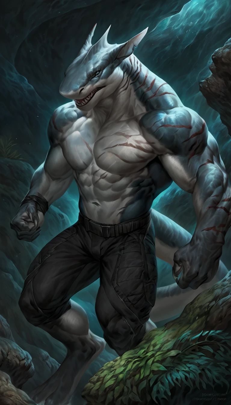 Muscular anthro shark, solo, fighter, scars on torso, 1male solo, small waist, thick shark tail, athletic, marked detailed jaws, pants, full body, comicbook style, best quality, 4k, ultra-detailed, by laobai, by taran fiddler, by honovy, by null-ghost, by thebigslick, underwater scenery, night, darkness