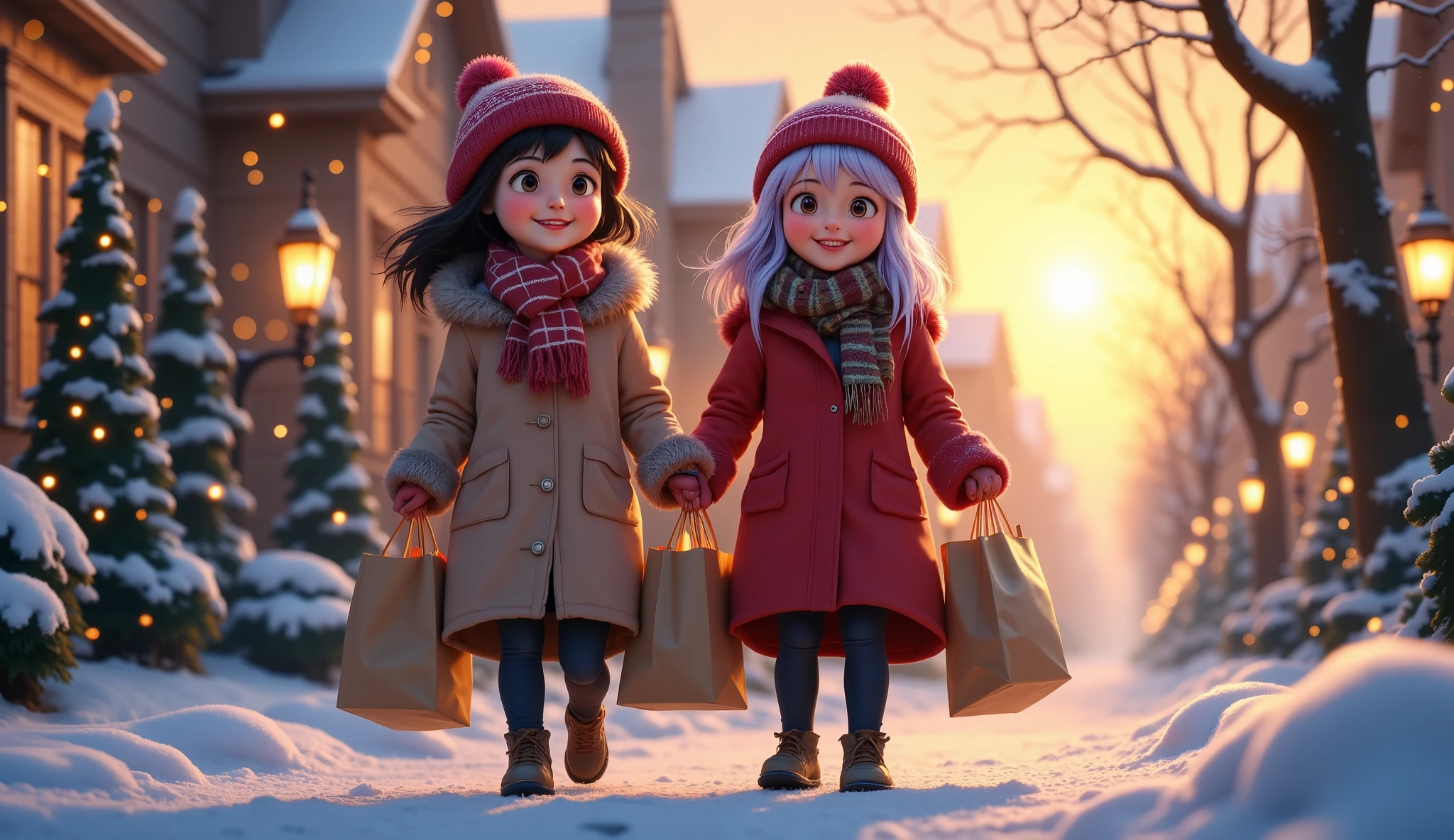 anime style: beautiful woman
 helping an elderly person carry grocery bags through a snowy street. Both are smiling, dressed in warm coats and hats, with visible gratitude in their expressions. The background features a decorated neighborhood with softly glowing holiday lights. The lighting is natural, with a soft sunset casting a golden glow, symbolizing kindness and care.
((anime render: 1.4))