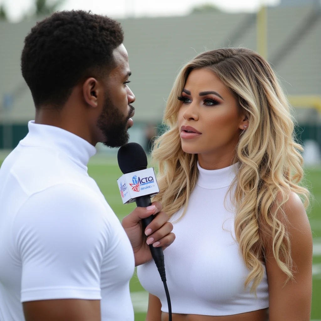 a man and woman, Jessa Rhodes age 25, 8k (High definition), side line reporter, wearing a tight white turtleneck, blue eyes, heavy make up, long eyelashes, football field background, medium size breasts, holding up a microphone, Caucasian skin, very wavy dirty blonde hair, interviewing a tall muscular black man football player