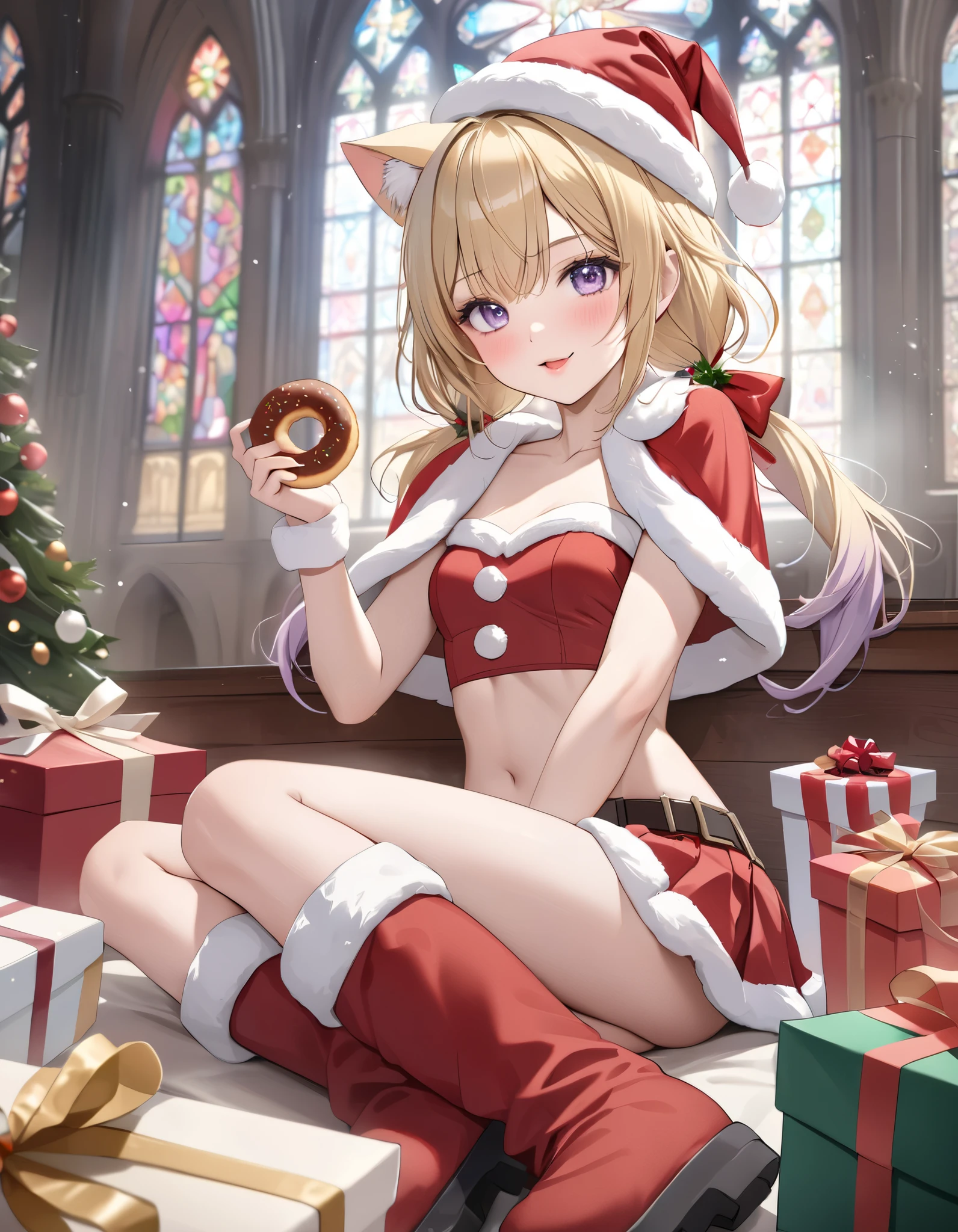 ((2D beautiful girl、top-quality、Perfect Finger 1.5、Perfect Anatomy 1.5、extremely delicate and beautiful illustration))、(Blur the background:1.3、(transform sequence)、((santa leotard))、14years、(beautiful slender girl)、Fractal Art、baby-face、((stright long hair))、Beautiful big drooping eyes:1.1、Small, open-mouthed smile、(Full body depiction:1.1)、(1 persons)、Christmas Party、Cat's ears、leotard、christmas leotard、(tights)、