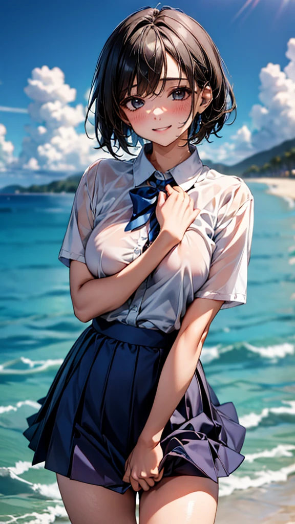  1 girl、Aoi Yuki、 bob hair、 best smile、plain white short-sleeved shirt with boobs in close contact 、Big breasted braless 、 shirt with transparent boobs 、 fluffy flared skirt with blue super mini skirt 、 lift up the miniskirt with both hands to show off the white panties、 punch、 sandy beach and sea and Nyudo clouds 