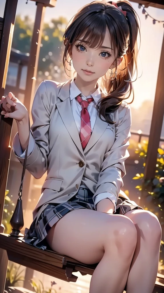 masutepiece,Best Quality,ultra-detailliert,Realistic,Photorealistic,Distinct,8K Wallpapers, high-definition RAW color photography, Professional Photography,,Wearing a school uniform,Classroom,(Solo, 1girl in),hight resolution,Beautiful face in every detail,Realistic human skin,wetted skin,(A detailed face: 1.2), (Highest Quality: 1.2), (Look down and smile:1.7), (Realistic Beauty Big:1.5),(Detailed G Cup Breasts:1.4) ,Blue eyes,Moist eyes,Bright's Hair,Hair in a ponytail,Wearing a hair band,damp hair, panties focus,It is a powerful expression even when looking at the camera,Idol-style face, pleatedskirt,Flipping up the skirt with both hands, (up chest:1.8)),Spread your legs and show your pants,((Angle from below)),(Angle from below:1.5)perfectbody, ((Wearing a blazer、red necktie:1.8)), Look at viewers, Young Face,,High resolution,Professional Lighting
