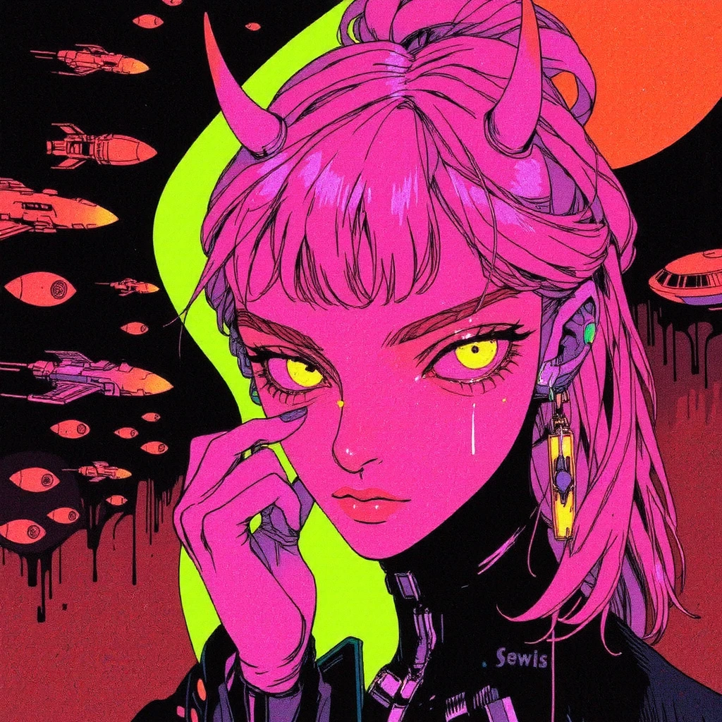 ((best quality)), ((masterpiece)), (detailed), perfect face of cyberpunk mecha japanese girl, neon pink body, neon pink hair, big neon lime green eyes, ((monochromatic neon pink, orange and lime green color palette)), surreal, art nouveau, in the illustrative style of moebius, spaceships, aliens, fantasy, sci-fi, graphic novel, line drawing, french retro, bizarre, gallery worthy, work of uncanny art, splashes of neon lime green, ulzzang, &quot;James Jean Simple&quot; Psychedelic Art，Chasing in space , devilish ;James Jean Simple&quot; Psychedelic Art，Mask 