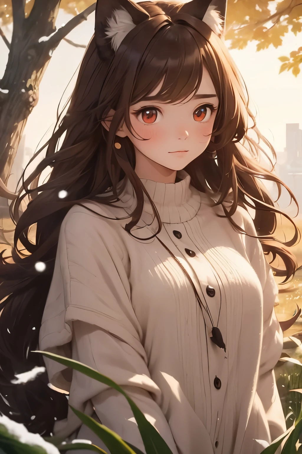 masterpiece， top quality，    One Young Girl  ，Alone，A faint smile, A faint smile， Fall Leaves 　Vaginal discharge，The sunlight flickers， tree々  Sunlight shining in between  ，  butterfly  ，Grass animal ears，  wolf ear，  long hair，Tail，wolf Tail， red eyes，Wolf Girl， Brown Hair ，Snow Scene，