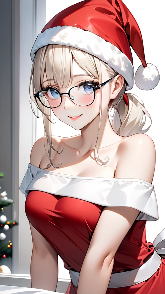 solo。
  realistic drawing。 high image quality。 High Quality 。 Digital Painting 。Pale colors。

（Beauty、 slender 。）
（ off shoulder 。 Santa Claus。 no bra。 no panties）
（ platinum blonde :1.5、 low ponytail during maid work）
（Droopy eyes。 blue and gray gradation eyes。 Underrim Glasses、RECTANGLE ）
Alluring。 smiles。

Roll up your clothes。Butt、melted cream。

 Christmas。 Soft Light
