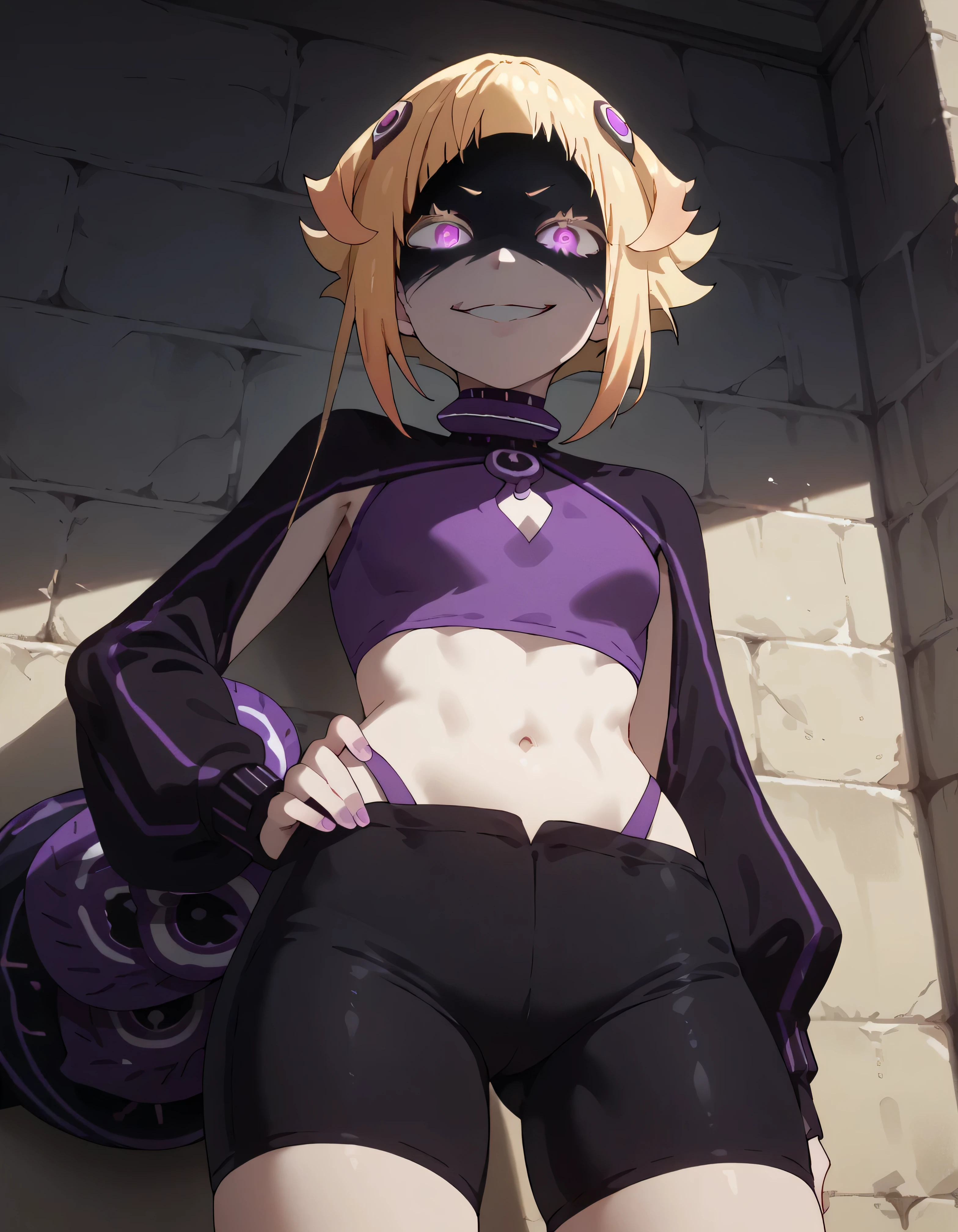 1girl, blonde hair, , black shorts, bike shorts, lookin under, , wall, smile, purple brassiere, from below,evil,shaded face(eye in shadow)