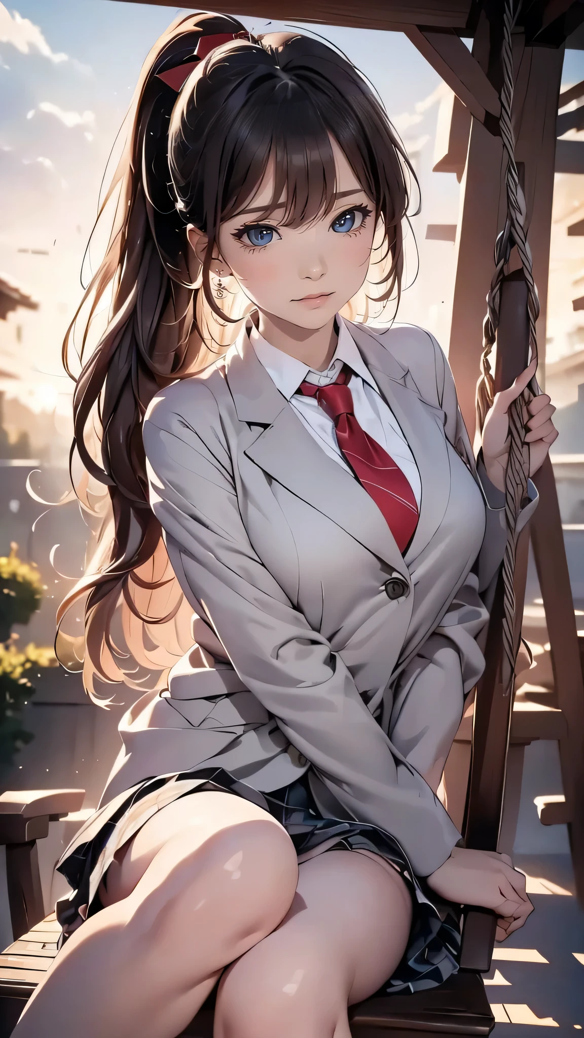 (masterpiece),(4K),high quality,(Perfect Anatomy),Flat Chest,1 high school girl,Grey blazer,Checkered Skirt,Red ribbon tie,Black hair ponytail,Pale skin,Beautiful smile,Beautiful and detailed red eyes,((Sidelong glance)), (Highly detailed elegant), Detailed skin,Dreamy and happy atmosphere, Bokeh, Silky to the touch, Hyper Detail,Soft pastel tones,Soft and warm lighting,sunset,Sitting on a swing,From the side