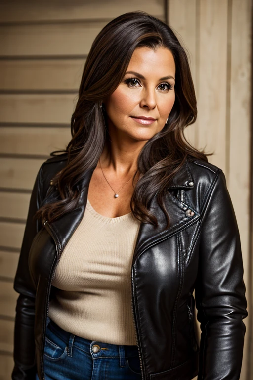 Medium view, of middle aged, 30 year old, mom, italian woman, gilf, milf, face portrait, chubby, long brunette hair, formal jacket, blouse, leather leggings, in cozy home